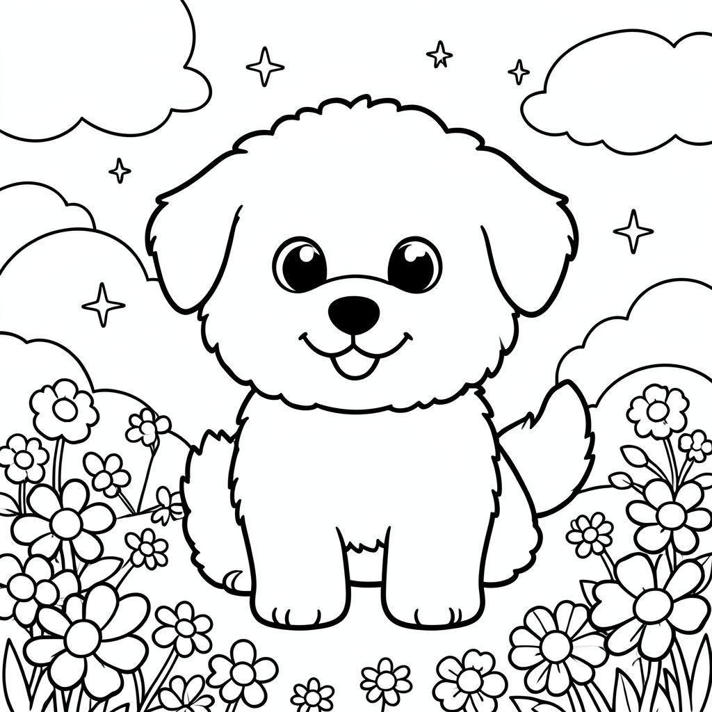 "Tạo một bức tranh tô màu đen trắng quyến rũ, đáng yêu có hình một chú chó lông bông, hạnh phúc! Hãy nghĩ đến những đường dày, đậm cho đường viền của - nó sẽ có thể nhận ra ngay lập tức. Bao gồm đôi mắt to, biểu cảm và nụ cười dịu dàng, hạnh phúc. Rải rác các hình dạng tròn, đơn giản - một bàn chân nhỏ, một chiếc mũi hạnh phúc, có thể là một hoặc hai bông hoa nhỏ - xung quanh. Nền phải mềm mại và mơ mộng - những đám mây mịn, cánh đồng hoa rực rỡ hoặc những ngôi sao lấp lánh.  Nhấn mạnh: vui vẻ, đơn giản và hoàn hảo cho bàn tay nhỏ!"