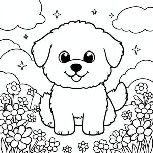 "Tạo một bức tranh tô màu đen trắng quyến rũ, đáng yêu có hình một chú chó lông bông, hạnh phúc! Hãy nghĩ đến những đường dày, đậm cho đường viền của - nó sẽ có thể nhận ra ngay lập tức. Bao gồm đôi mắt to, biểu cảm và nụ cười dịu dàng, hạnh phúc. Rải rác các hình dạng tròn, đơn giản - một bàn chân nhỏ, một chiếc mũi hạnh phúc, có thể là một hoặc hai bông hoa nhỏ - xung quanh. Nền phải mềm mại và mơ mộng - những đám mây mịn, cánh đồng hoa rực rỡ hoặc những ngôi sao lấp lánh.  Nhấn mạnh: vui vẻ, đơn giản và hoàn hảo cho bàn tay nhỏ!"