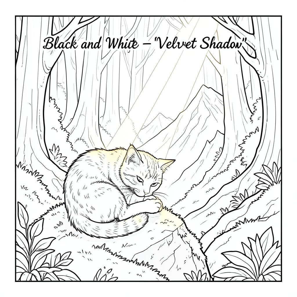 "Tranh tô màu đen trắng - 'Bóng nhung'"

Tạo ra một khung cảnh hay thay đổi, hơi u sầu. Một con mèo gừng, cuộn tròn dưới ánh nắng mặt trời xuyên qua một khu rừng cổ thụ rậm rạp, đang chải chuốt bàn chân của nó một cách tỉ mỉ. Con mèo được đặt trên một tảng đá phủ đầy rêu nhìn ra một dãy núi dốc, phủ đầy tuyết ở hậu cảnh.  Tập trung vào nghệ thuật đường nét cực kỳ chi tiết, rõ ràng - gần như là một bản phác thảo kỹ thuật số.  Khu rừng được hiển thị với các kết cấu nhiều lớp, hơi mờ.  Một ánh sáng ấm áp duy nhất chiếu sáng con mèo và khu vực ngay lập tức.  Nhắm đến cảm giác cô đơn yên bình và một chút hiện thực kỳ diệu.  Nhấn mạnh vào các cạnh mềm mại và bóng mờ tinh tế."