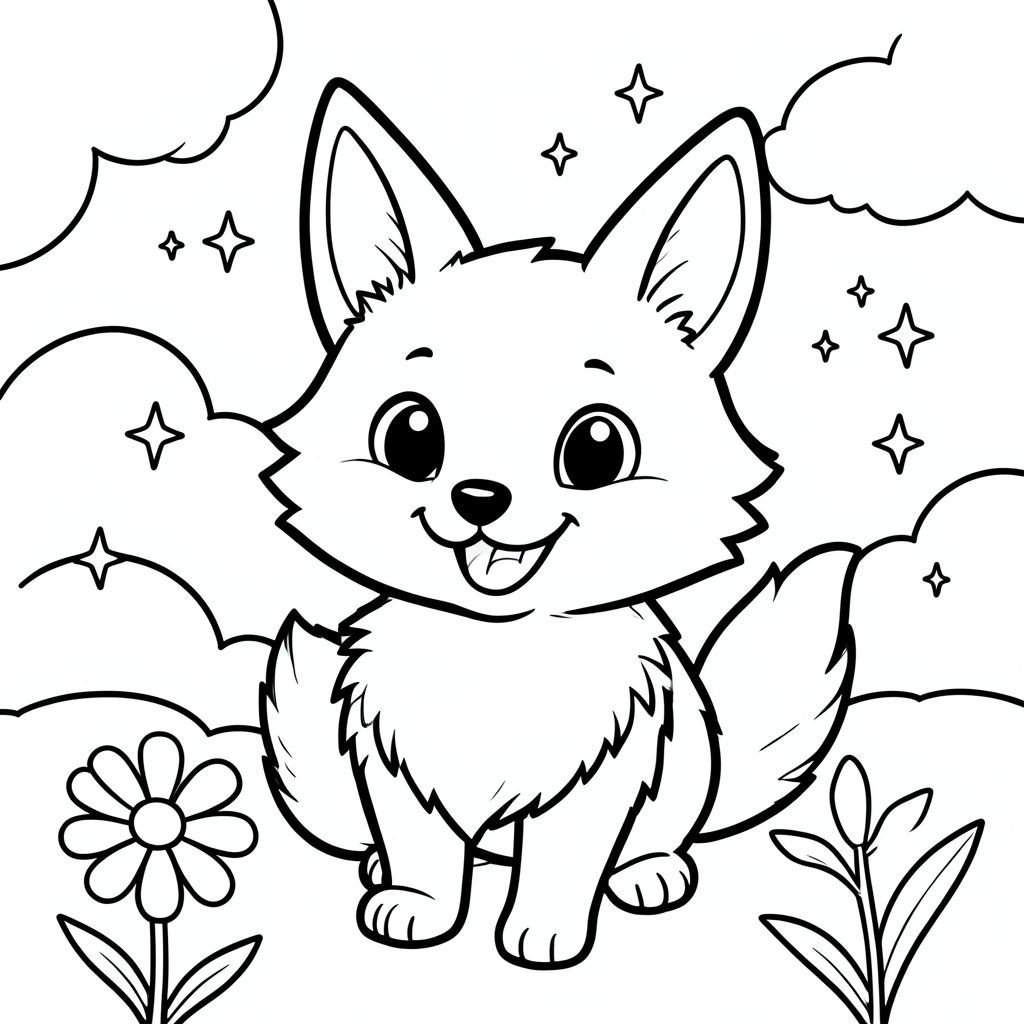 Tạo một trang tô màu đen trắng rực rỡ có hình một con vật lông tơ, quyến rũ - một con cáo hoặc thỏ nhỏ, thân thiện - ở trung tâm. Con vật phải có đôi mắt to, biểu cảm và nụ cười rộng, chân thành. Các đường nét phải dày và đậm, tạo cảm giác chuyển động mạnh mẽ và vui tươi. Bộ lông của con vật nên có kết cấu, nhiều lớp. Bao gồm nền mềm mại, hơi mờ của những đám mây mịn, một bông hoa dại vui vẻ và rải rác các ngôi sao lấp lánh. Tâm trạng tổng thể nên là một trong những hạnh phúc thuần khiết và kỳ diệu nhẹ nhàng. Tập trung vào một thẩm mỹ đơn giản, gọn gàng - chỉ có con vật và biểu cảm vui vẻ của nó. Hãy nghĩ về một hình minh họa cổ điển, vượt thời gian.