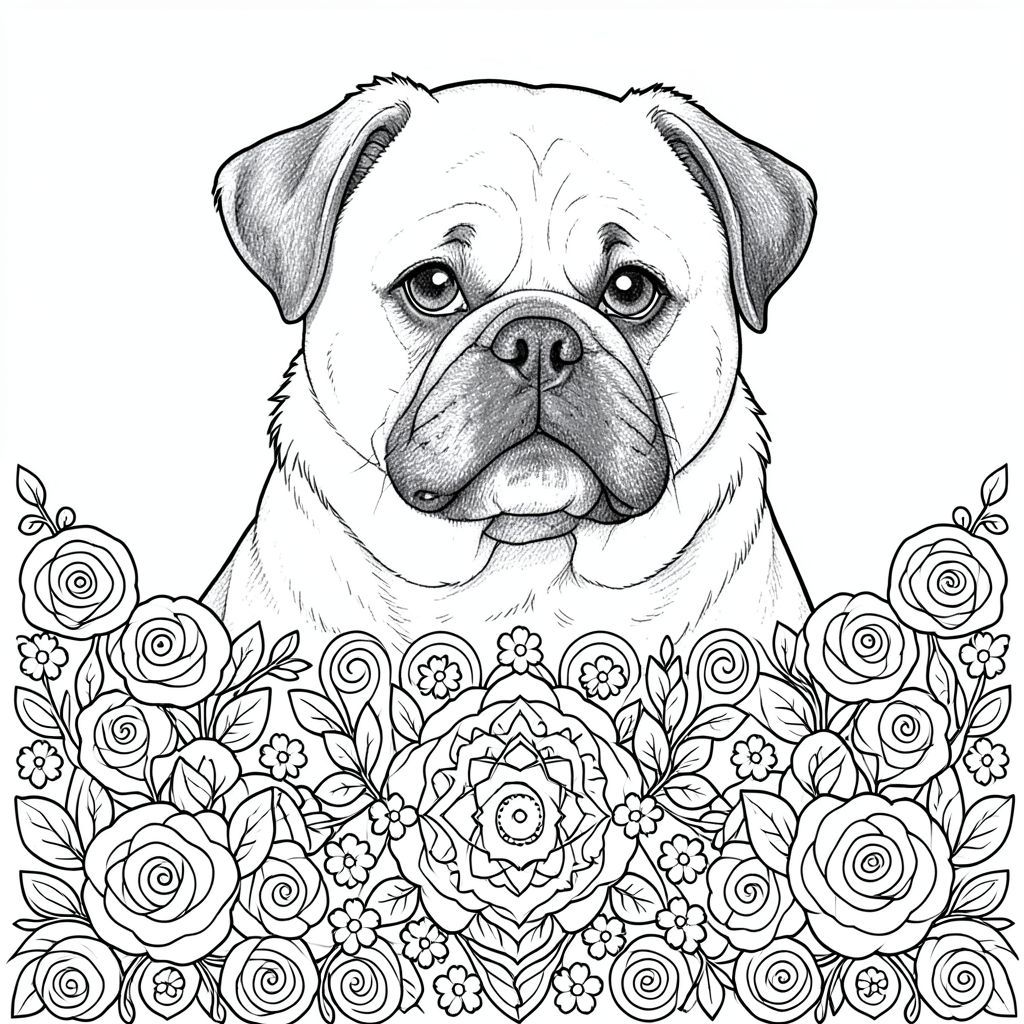 Tạo hình minh họa đen trắng phức tạp, rất chi tiết về một. phải là một giống chó chủ yếu là thang độ xám, hơi lông tơ (ví dụ: chó pug hoặc giống chó hỗn hợp). Tâm điểm là một mô hình Zentangle phức tạp, nhiều lớp kết hợp các họa tiết hoa chồng lên nhau - hãy nghĩ đến nụ hoa cách điệu, lá cách điệu và những bông hoa cách điệu nhỏ. Hoa văn phải kéo dài qua phần dưới của hình ảnh, tạo ra một đường viền hữu cơ, chắc chắn. Trong khu vực trung tâm của khuôn mặt chó, hãy kết hợp một cách tinh tế một yếu tố kiểu mandala - có thể là một hình tròn nhỏ, lặp đi lặp lại với một điểm trung tâm. Sử dụng các đường cực kỳ mịn, sắc nét và hơi có kết cấu - hãy nghĩ đến cảm giác giống như bút chì - để đạt được cảm giác có chiều sâu và chi tiết. Tính thẩm mỹ tổng thể phải sạch sẽ, tối giản và gợi lên cảm giác sang trọng yên tĩnh. Không có từ, văn bản hoặc thư pháp nào được bao gồm. Tập trung vào các hình dạng hình học và đường thẳng. nên có vẻ hơi trầm tư, với biểu cảm nhẹ nhàng. Bảng màu: Chủ yếu là các sắc thái xám, với các biến thể tinh tế về tông màu để tăng cường độ tương phản. Cân nhắc sử dụng bảng màu hơi tắt tiếng để có tác động trực quan tối đa. Nhấn mạnh các yếu tố phân lớp và lặp lại trong Zentangle.  ---  Hãy cho tôi biết nếu bạn muốn tôi tinh chỉnh điều này thêm!