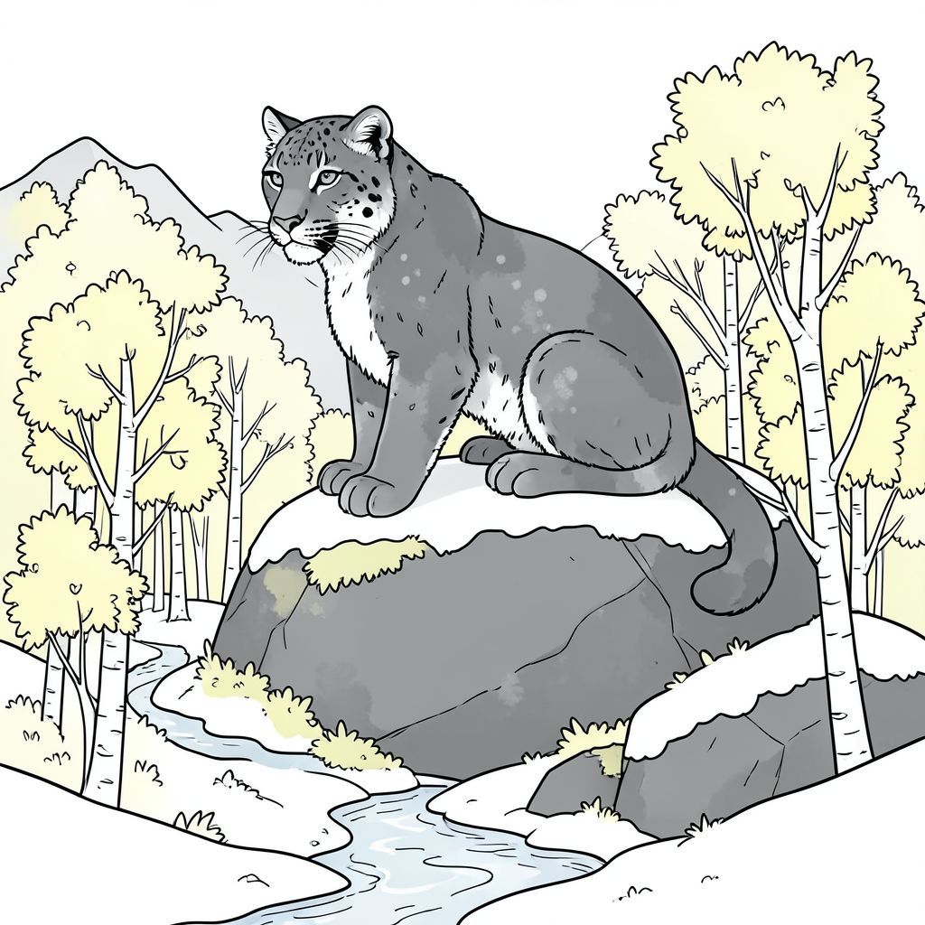 Tạo một trang tô màu rất chi tiết, hơi cách điệu. Trọng tâm chính là một con báo tuyết, được kết xuất lỏng lẻo, đậu trên đỉnh một tảng đá phủ đầy rêu. Con báo tuyết hơi hướng về bên trái, với biểu cảm nhẹ nhàng, trầm ngâm. Bộ lông của nó có màu xám khói đậm, lốm đốm tinh tế với những mảng bạc nhạt quanh cổ và vai. Tảng đá là một khối lớn, tròn trịa của đá granit xám đậm cổ xưa, bị che khuất một phần bởi một lớp tuyết dày. Bên dưới tảng đá, một khu rừng cây bạch dương thu nhỏ, mọc um tùm chiếm ưu thế ở hậu cảnh, lá của chúng có màu vàng nhạt rực rỡ, gần như rực rỡ. Một dòng suối nhỏ, uốn lượn chảy giữa những tán cây, phản chiếu ánh sáng nhạt. Ánh sáng tổng thể dịu nhẹ và khuếch tán, tạo ra một bầu không khí hơi u sầu, mơ mộng. Sử dụng nghệ thuật đường nét rõ ràng, rõ ràng - hãy nghĩ đến một hiệu ứng nhẹ, gần giống như màu nước - để xác định hình dạng của báo tuyết và các đường viền của tảng đá. Sử dụng bảng màu hơi tắt - chủ yếu là màu xám, kem và một chút xanh lam nhạt và xanh lá cây ở nền. Nhắm đến cảm giác cô đơn yên tĩnh và một chút ma thuật. Nền nên gợi ý một thung lũng núi hẻo lánh, hẻo lánh.  ** Nhấn mạnh: ** Nghệ thuật đường nét, hay thay đổi, khí quyển, bảng màu tinh tế.