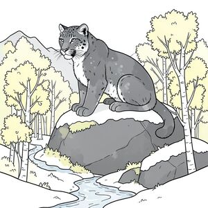 Tạo một trang tô màu rất chi tiết, hơi cách điệu. Trọng tâm chính là một con báo tuyết, được kết xuất lỏng lẻo, đậu trên đỉnh một tảng đá phủ đầy rêu. Con báo tuyết hơi hướng về bên trái, với biểu cảm nhẹ nhàng, trầm ngâm. Bộ lông của nó có màu xám khói đậm, lốm đốm tinh tế với những mảng bạc nhạt quanh cổ và vai. Tảng đá là một khối lớn, tròn trịa của đá granit xám đậm cổ xưa, bị che khuất một phần bởi một lớp tuyết dày. Bên dưới tảng đá, một khu rừng cây bạch dương thu nhỏ, mọc um tùm chiếm ưu thế ở hậu cảnh, lá của chúng có màu vàng nhạt rực rỡ, gần như rực rỡ. Một dòng suối nhỏ, uốn lượn chảy giữa những tán cây, phản chiếu ánh sáng nhạt. Ánh sáng tổng thể dịu nhẹ và khuếch tán, tạo ra một bầu không khí hơi u sầu, mơ mộng. Sử dụng nghệ thuật đường nét rõ ràng, rõ ràng - hãy nghĩ đến một hiệu ứng nhẹ, gần giống như màu nước - để xác định hình dạng của báo tuyết và các đường viền của tảng đá. Sử dụng bảng màu hơi tắt - chủ yếu là màu xám, kem và một chút xanh lam nhạt và xanh lá cây ở nền. Nhắm đến cảm giác cô đơn yên tĩnh và một chút ma thuật. Nền nên gợi ý một thung lũng núi hẻo lánh, hẻo lánh.  ** Nhấn mạnh: ** Nghệ thuật đường nét, hay thay đổi, khí quyển, bảng màu tinh tế.