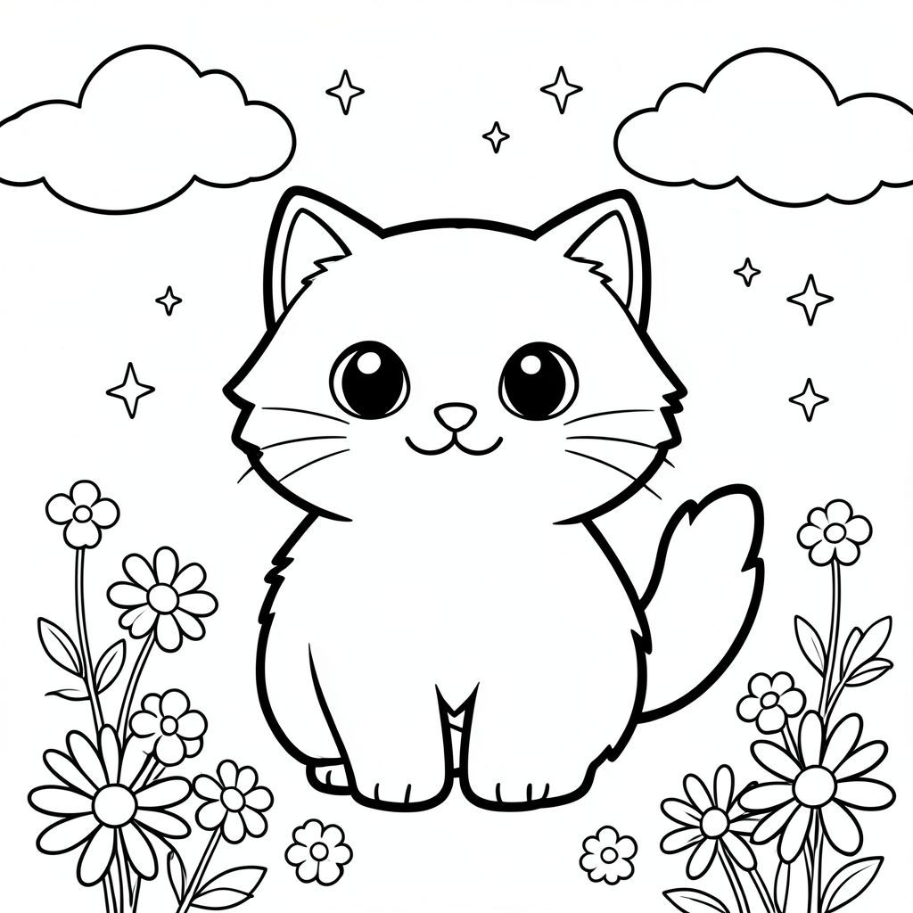 Tạo một trang tô màu đen trắng rực rỡ có hình một chú mèo lông tơ, đáng yêu. Con mèo nên được căn giữa, với phong cách vẽ đường thẳng mạnh mẽ, dày, đậm. Nhấn mạnh đôi mắt to, biểu cảm và nụ cười nhẹ nhàng, hạnh phúc. Kết hợp các hình dạng tròn, đơn giản - có thể là tai hình tam giác nhỏ, mũi tròn và đuôi nhỏ, bồng bềnh. Các yếu tố nền nên bao gồm những đám mây xoáy mềm, hoa màu pastel tinh tế (hãy nghĩ đến hoa cúc hoặc hoa cúc hoặc hoa cúc quên) và những ngôi sao nhỏ nằm rải rác. Tâm trạng tổng thể phải vui vẻ và yên bình, gợi lên cảm giác mãn nguyện và ấm áp. Tập trung vào việc tạo ra hình ảnh hấp dẫn trực quan, dễ nhận biết và quyến rũ của một con mèo. Duy trì tính thẩm mỹ tối giản - chi tiết tối thiểu, tác động tối đa. Hãy nghĩ "dễ thương, vui vẻ và êm dịu".