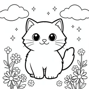 Tạo một trang tô màu đen trắng rực rỡ có hình một chú mèo lông tơ, đáng yêu. Con mèo nên được căn giữa, với phong cách vẽ đường thẳng mạnh mẽ, dày, đậm. Nhấn mạnh đôi mắt to, biểu cảm và nụ cười nhẹ nhàng, hạnh phúc. Kết hợp các hình dạng tròn, đơn giản - có thể là tai hình tam giác nhỏ, mũi tròn và đuôi nhỏ, bồng bềnh. Các yếu tố nền nên bao gồm những đám mây xoáy mềm, hoa màu pastel tinh tế (hãy nghĩ đến hoa cúc hoặc hoa cúc hoặc hoa cúc quên) và những ngôi sao nhỏ nằm rải rác. Tâm trạng tổng thể phải vui vẻ và yên bình, gợi lên cảm giác mãn nguyện và ấm áp. Tập trung vào việc tạo ra hình ảnh hấp dẫn trực quan, dễ nhận biết và quyến rũ của một con mèo. Duy trì tính thẩm mỹ tối giản - chi tiết tối thiểu, tác động tối đa. Hãy nghĩ "dễ thương, vui vẻ và êm dịu".