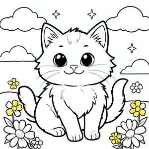 Tạo một trang tô màu đen trắng rực rỡ, vui vẻ với một chú mèo lông bông, đáng yêu. Con mèo phải là tâm điểm trung tâm, được hiển thị với các đường nét cực kỳ dày, đậm tạo cảm giác mạnh mẽ, tràn đầy năng lượng. Các đường nét nên nhấn mạnh hình dạng của con mèo và tạo cho nó một sự hiện diện hơi vui tươi, năng động.  Đặc điểm của mèo là tối quan trọng: đôi mắt to, biểu cảm, lấp lánh thích thú, nụ cười dịu dàng, hơi hếch lên và đôi má tròn mềm mại. Bộ lông của mèo phải trông mềm mại và hấp dẫn.  Nền phải tối giản và vui vẻ: hãy tưởng tượng những đám mây mịn trôi trên bầu trời xanh nhạt, rải rác những bông hoa màu vàng tươi và một vài ngôi sao lấp lánh. Tâm trạng tổng thể là một trong những hạnh phúc và mãn nguyện thuần túy. Tập trung vào một bầu không khí yên bình, thanh bình. Duy trì độ đậm dòng nhất quán, mạnh mẽ trong toàn bộ trang. Bảng màu nên chủ yếu là xám và trắng, với các biến thể tinh tế để tạo chiều sâu. Hãy nghĩ về một khung cảnh nhẹ nhàng, lạc quan.