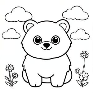 Tạo một trang tô màu đen trắng rực rỡ với một con vật lông tơ, quyến rũ. Con vật nên được căn giữa và chiếm một phần đáng kể của trang. Sử dụng các đường đặc biệt dày, đậm để xác định hình dạng của con vật. Sử dụng các hình dạng tròn, đơn giản - hình tròn, hình bầu dục, hình tam giác - để xây dựng đường viền của con vật.  Mỗi con vật nên có đôi mắt to, biểu cảm - suy nghĩ lớn, hơi nghiêng và vui vẻ.  Một nụ cười nhẹ nhàng, hạnh phúc nên được kết hợp một cách tinh tế vào khuôn mặt của con vật.  Bao gồm rải rác những đám mây mềm mại, mịn màng ở hậu cảnh, được đặt tinh tế để tạo ra một bầu không khí yên bình, thơ mộng.  Một vài bông hoa nhỏ, mỏng manh - có thể là một bông hoa cúc đơn lẻ hoặc một cụm hoa nhỏ - nên có mặt ở hậu cảnh. Tâm trạng tổng thể phải nhẹ nhàng, vui vẻ và mời gọi. Tập trung vào cảm giác bình yên và niềm vui không phức tạp.  Hoàn toàn hình học và tối giản trong thiết kế., tranh tô màu đen trắng, phong cách lowbook, nghệ thuật đường nét, đơn sắc, không màu, không đổ bóng, không xám, không tô màu