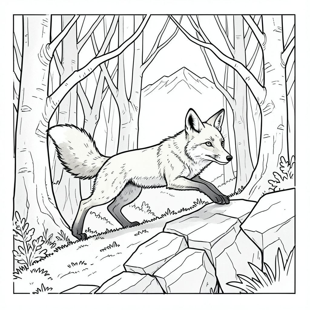 Tạo một trang tô màu đen trắng, dành riêng cho nghệ thuật đường nét. Trọng tâm trung tâm là một con cáo đơn độc, nhảy giữa qua một sườn dốc phủ đầy rêu. Cáo là một con cáo màu nâu đỏ, lớn hơn một chút so với mức trung bình, với đuôi nhọn và đôi mắt thông minh, biểu cảm. Nó đang nhảy qua một sườn đá granit nhỏ, lởm chởm, những mảnh đá phản chiếu tinh tế ánh sáng mờ nhạt. 

Đằng sau con cáo, một khu rừng rậm rạp của những cây bạch dương cổ xưa, xoắn chiếm ưu thế. Cây cối được thể hiện với màu xám nhạt và xanh lá cây trầm, các cành của chúng đan xen vào nhau để tạo ra một tán cây rối rắm.  Một dãy núi phủ tuyết ở xa, gợi nhớ đến dãy Appalachian, mọc lên ở hậu cảnh, đỉnh núi của nó hầu như không thể nhìn thấy qua màn sương mù. 

Ánh sáng rất quan trọng - một nguồn sáng mạnh, định hướng chiếu sáng con cáo từ một góc hơi hướng lên, tạo ra những điểm nổi bật mạnh mẽ và bóng sâu nhấn mạnh các đường nét của hình dạng của nó. Sự tương phản giữa bộ lông của con cáo và tảng đá bên dưới nó là đặc biệt cao.  Bầu không khí tổng thể hay thay đổi và hơi u sầu, gợi lên cảm giác cô đơn yên tĩnh và khoảnh khắc chuyển động thoáng qua.  Tập trung vào công việc đường nét rõ ràng; Các đường nên hơi dài để gợi ý chuyển động và cảm giác có chiều sâu. Cảnh sẽ có cảm giác giống như một khoảnh khắc được ghi lại trong một khu rừng vượt thời gian.  Hãy nghĩ về một cảm giác hơi cổ điển, gần như lấy cảm hứng từ màu nước, nhưng với tính thẩm mỹ đồ họa rất rõ ràng.  Một kết cấu tinh tế, sần sùi nên được áp dụng cho giấy.

---

Hãy cho tôi biết nếu bạn muốn tôi tinh chỉnh bất kỳ khía cạnh nào của lời nhắc này., trang tô màu đen trắng, phong cách lowbook, nghệ thuật đường nét, đơn sắc, không màu, không đổ bóng, không xám, không tô