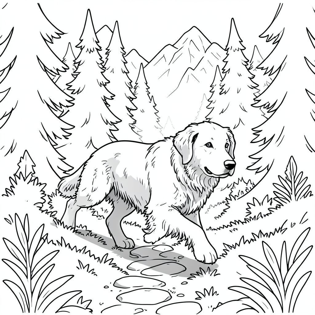 Tạo một hình minh họa đơn sắc, cách điệu cao - một trang tô màu đen trắng. Trọng tâm chính là một chú chó săn vàng đơn độc, hơi lông tơ, sải bước giữa chừng, biến mất trong một khu rừng cổ thụ rậm rạp.  hướng thẳng về phía trước, cơ thể hơi nghiêng để gợi ý chuyển động.  Bộ lông của nó được thể hiện với các đường dày, nhiều lớp, tạo cảm giác về chiều sâu và kết cấu.  Hậu cảnh là bố cục nhiều lớp của những cây thông cao chót vót, màu xanh đậm và những ngọn núi lởm chởm, phủ tuyết ở phía xa, được làm mờ một cách tinh tế để tạo ra hiệu ứng mơ hồ, không khí.  Một con đường đá nhỏ, phủ đầy rêu uốn lượn qua bụi cây dẫn về phía. Nguồn sáng được đặt hơi lệch sang bên trái của, tạo ra một bóng mạnh, có định hướng trên sườn của nó.  Nhấn mạnh vào nghệ thuật đường nét sắc nét, sạch sẽ - đường viền của chú chó phải được xác định rõ ràng và hơi dài, tạo cảm giác năng động vui tươi. Tâm trạng tổng thể là hay thay đổi và hơi u sầu, gợi lên cảm giác cô đơn yên tĩnh và sự kỳ diệu của một khu rừng hẻo lánh.  Độ tương phản thấp, chủ yếu là màu xám và trắng, với các điểm nổi bật nhấn mạnh bộ lông của chó. Nhắm đến cảm giác tinh tế, hơi ấn tượng., tranh tô màu đen trắng, phong cách lowbook, nghệ thuật đường nét, đơn sắc, không màu, không bóng, không xám, không tô màu