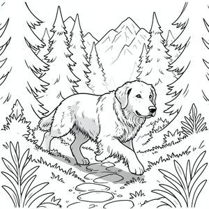 Tạo một hình minh họa đơn sắc, cách điệu cao - một trang tô màu đen trắng. Trọng tâm chính là một chú chó săn vàng đơn độc, hơi lông tơ, sải bước giữa chừng, biến mất trong một khu rừng cổ thụ rậm rạp.  hướng thẳng về phía trước, cơ thể hơi nghiêng để gợi ý chuyển động.  Bộ lông của nó được thể hiện với các đường dày, nhiều lớp, tạo cảm giác về chiều sâu và kết cấu.  Hậu cảnh là bố cục nhiều lớp của những cây thông cao chót vót, màu xanh đậm và những ngọn núi lởm chởm, phủ tuyết ở phía xa, được làm mờ một cách tinh tế để tạo ra hiệu ứng mơ hồ, không khí.  Một con đường đá nhỏ, phủ đầy rêu uốn lượn qua bụi cây dẫn về phía. Nguồn sáng được đặt hơi lệch sang bên trái của, tạo ra một bóng mạnh, có định hướng trên sườn của nó.  Nhấn mạnh vào nghệ thuật đường nét sắc nét, sạch sẽ - đường viền của chú chó phải được xác định rõ ràng và hơi dài, tạo cảm giác năng động vui tươi. Tâm trạng tổng thể là hay thay đổi và hơi u sầu, gợi lên cảm giác cô đơn yên tĩnh và sự kỳ diệu của một khu rừng hẻo lánh.  Độ tương phản thấp, chủ yếu là màu xám và trắng, với các điểm nổi bật nhấn mạnh bộ lông của chó. Nhắm đến cảm giác tinh tế, hơi ấn tượng., tranh tô màu đen trắng, phong cách lowbook, nghệ thuật đường nét, đơn sắc, không màu, không bóng, không xám, không tô màu