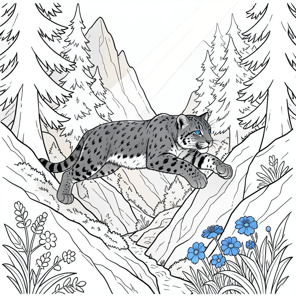 Tạo một trang tô màu đen trắng, dành riêng cho nghệ thuật đường nét. Tâm điểm là một con báo tuyết, sải bước giữa qua một sườn núi lởm chởm, phủ đầy rêu. Bộ lông của con báo có màu xám khói đậm, được đánh dấu bởi một miếng che mắt màu xanh ngọc bích duy nhất, rực rỡ. Nó đang nhảy, đón một luồng ánh sáng mặt trời nhạt xuyên qua tán cây thông cổ thụ rậm rạp giáp với một dãy núi đá dốc.  Những ngọn núi được thể hiện với màu xám nhạt và màu be hơi trầm, tạo cảm giác sâu sắc và khoảng cách.  Một dòng suối nhỏ, ẩn nhỏ giọt xuống sườn núi về phía một mảng hoa dại màu xanh rực rỡ, gần như phát quang.  Bầu không khí tổng thể nên mơ mộng và hơi u sầu, nhấn mạnh vào các đường nét sắc nét, rõ ràng - gần như điêu khắc về độ chính xác của chúng.  Đường nét nên tạo ra cảm giác tinh tế, có kết cấu, gợi ý gió và tuyết.  Hãy nghĩ về một khoảnh khắc chuyển động yên tĩnh, mạnh mẽ.  Tập trung vào việc truyền tải cảm giác bí ẩn cổ xưa và vẻ đẹp thanh tao thông qua sự tương phản rõ rệt của màu đen và trắng.  Khung cảnh nên được đặt trong một thung lũng hẹp, có mái che.  Mong muốn chi tiết tối thiểu, ưu tiên hình dạng và trọng lượng vốn có của con vật.

---

Hãy cho tôi biết nếu bạn muốn tôi tinh chỉnh thêm điều này!, tranh tô màu đen trắng, phong cách lowbook, nghệ thuật đường nét, đơn sắc, không màu, không đổ bóng, không xám, không tô màu