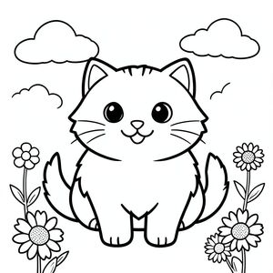 Tạo một hình minh họa đen trắng hơi cách điệu về một con mèo lông tơ, đáng yêu. Mèo nên tập trung, với biểu cảm nhẹ nhàng, vui vẻ. Các đường nét dày, đậm xác định hình dạng của con mèo - nhấn mạnh hình dạng tròn trịa và kết cấu lông tơ của nó. Các hình dạng hình học đơn giản - hình tròn, hình vuông và hình tam giác - nên được sử dụng để xây dựng đường viền của con mèo. Khuôn mặt của mèo phải có đôi mắt to, biểu cảm và nụ cười rạng rỡ, quyến rũ.  Những đám mây mịn màng tinh tế trôi dạt trong nền. Một vài bông hoa cách điệu, có màu sắc rực rỡ - có thể là một bông hoa cúc hoặc một bông hoa hướng dương nhỏ - nằm rải rác một cách tinh tế.  Tâm trạng chung là một trong những hạnh phúc và mãn nguyện bình yên.  Tập trung vào việc tạo cảm giác ấm áp và thích thú nhẹ nhàng.  Thiết kế tối giản - không có văn bản, không số, không nhãn và không màu sắc.  Chỉ là bản chất thuần khiết của một con mèo hạnh phúc., tranh tô màu đen trắng, phong cách lowbook, nghệ thuật đường nét, đơn sắc, không màu, không bóng, không xám, không tô màu