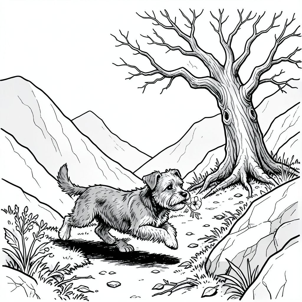 Tạo một trang tô màu đen trắng duy nhất, bắt mắt, hoàn toàn bao gồm nghệ thuật đường nét. Trọng tâm trung tâm là một sục nhỏ, bị phong hóa - một bộ lông chủ yếu là màu xám, hơi xù - sải bước giữa một con đường phủ đầy rêu. Nó đang chạy trốn khỏi một cây sồi cổ xưa, xù xì, cành của nó vươn lên trên như những ngón tay xương. Cây sồi nằm ở rìa của một dãy núi đá dốc, các đỉnh núi được làm dịu bởi bầu trời mờ mịt, nhợt nhạt.  Các ngọn núi chủ yếu là màu xám lạnh, trầm lặng và nhợt nhạt, bụi bặm.  

Tư thế của được xác định, một sự uốn cong nhẹ, gần như thách thức ở lưng. Nó đang ngậm một bông hoa dại duy nhất, có màu sắc rực rỡ - một bông hoa anh túc - trong miệng một cách tinh tế, gần như thể nó đang dâng nó như một cử chỉ. Con đường hẹp và quanh co, dẫn về chân núi. Có một rải rác của lá rụng và cành cây bám vào con đường. Ánh sáng ấn tượng - một nguồn sáng mạnh, định hướng tạo ra bóng và điểm nổi bật sâu, tạo ra các cạnh sắc nét và nhấn mạnh kết cấu của vỏ cây, rêu và đá. Duy trì độ tương phản cao; Bóng tối phải tối mạnh và vùng sáng phải sáng mạnh. Bầu không khí tổng thể sẽ cảm thấy hơi u sầu và kỳ diệu, gợi ý một khoảnh khắc trốn thoát thoáng qua. Nhắm đến cảm giác kỳ diệu yên tĩnh và một chút hiện thực hay thay đổi.  Tập trung vào việc hiển thị chính xác và tự tin của các đường nét - chúng là yếu tố chính.  Hãy nghĩ về một phong cách minh họa cổ điển, gợi nhớ đến nghệ thuật thực vật thời Victoria đầu tiên, nhưng được hiện đại hóa cho một trang tô màu đương đại.  Nhấn mạnh hiệu ứng hơi kết cấu, gần như nét vẽ trên chính các đường nét để nâng cao cảm giác tuổi tác và chất lượng hơi mơ mộng., tranh tô màu đen trắng, phong cách lowbook, nghệ thuật đường nét, đơn sắc, không màu, không đổ bóng, không xám, không tô màu