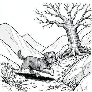 Tạo một trang tô màu đen trắng duy nhất, bắt mắt, hoàn toàn bao gồm nghệ thuật đường nét. Trọng tâm trung tâm là một sục nhỏ, bị phong hóa - một bộ lông chủ yếu là màu xám, hơi xù - sải bước giữa một con đường phủ đầy rêu. Nó đang chạy trốn khỏi một cây sồi cổ xưa, xù xì, cành của nó vươn lên trên như những ngón tay xương. Cây sồi nằm ở rìa của một dãy núi đá dốc, các đỉnh núi được làm dịu bởi bầu trời mờ mịt, nhợt nhạt.  Các ngọn núi chủ yếu là màu xám lạnh, trầm lặng và nhợt nhạt, bụi bặm.  

Tư thế của được xác định, một sự uốn cong nhẹ, gần như thách thức ở lưng. Nó đang ngậm một bông hoa dại duy nhất, có màu sắc rực rỡ - một bông hoa anh túc - trong miệng một cách tinh tế, gần như thể nó đang dâng nó như một cử chỉ. Con đường hẹp và quanh co, dẫn về chân núi. Có một rải rác của lá rụng và cành cây bám vào con đường. Ánh sáng ấn tượng - một nguồn sáng mạnh, định hướng tạo ra bóng và điểm nổi bật sâu, tạo ra các cạnh sắc nét và nhấn mạnh kết cấu của vỏ cây, rêu và đá. Duy trì độ tương phản cao; Bóng tối phải tối mạnh và vùng sáng phải sáng mạnh. Bầu không khí tổng thể sẽ cảm thấy hơi u sầu và kỳ diệu, gợi ý một khoảnh khắc trốn thoát thoáng qua. Nhắm đến cảm giác kỳ diệu yên tĩnh và một chút hiện thực hay thay đổi.  Tập trung vào việc hiển thị chính xác và tự tin của các đường nét - chúng là yếu tố chính.  Hãy nghĩ về một phong cách minh họa cổ điển, gợi nhớ đến nghệ thuật thực vật thời Victoria đầu tiên, nhưng được hiện đại hóa cho một trang tô màu đương đại.  Nhấn mạnh hiệu ứng hơi kết cấu, gần như nét vẽ trên chính các đường nét để nâng cao cảm giác tuổi tác và chất lượng hơi mơ mộng., tranh tô màu đen trắng, phong cách lowbook, nghệ thuật đường nét, đơn sắc, không màu, không đổ bóng, không xám, không tô màu