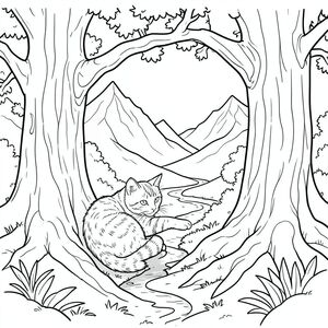 Tạo một trang tô màu đen trắng, hoàn toàn bao gồm nghệ thuật đường nét. Tâm điểm là một con mèo mướp gừng, cuộn tròn bảo vệ dưới bóng của một cây sồi cổ thụ cao chót vót. Con mèo đang duỗi người giữa, một bàn chân hơi vươn ra ngoài, như thể sẵn sàng vồ lấy - một đường cong nhẹ nhàng, tò mò về phía lưng. 

Hậu cảnh là một phong cảnh nhấp nhô ấn tượng của những ngọn núi lởm chởm, phủ tuyết ở phía xa, được thể hiện với sự chuyển màu xám và trắng tinh tế để gợi ý chiều sâu. Một dòng suối nhỏ, uốn lượn chảy qua một thung lũng tươi tốt giữa các đỉnh núi, phản chiếu ánh sáng im lặng.  Bầu không khí tổng thể hơi u sầu và thanh thản, một khoảnh khắc yên tĩnh được ghi lại. 

Nghệ thuật đường nét phải cực kỳ sắc nét và chính xác, sử dụng độ tương phản cao - sự khác biệt rõ rệt giữa ánh sáng và bóng tối - để tạo cảm giác khối lượng và ba chiều. Tập trung vào việc xác định bộ lông của mèo, nhấn mạnh kết cấu tinh tế của bộ lông của nó.  Cảnh tượng nên gợi lên cảm giác bí ẩn nhẹ nhàng và chất lượng mơ mộng hơi huyền ảo.  Hãy nghĩ đến vẻ đẹp tinh tế và quan sát yên tĩnh.  Chi tiết hạn chế có thể chấp nhận được; Ưu tiên các hình dạng và hình thức thiết yếu. Nhắm đến trọng lượng trực quan thông qua các đường nét mạnh mẽ, thanh lịch., tranh tô màu đen trắng, phong cách lowbook, nghệ thuật đường nét, đơn sắc, không màu, không đổ bóng, không xám, không tô màu