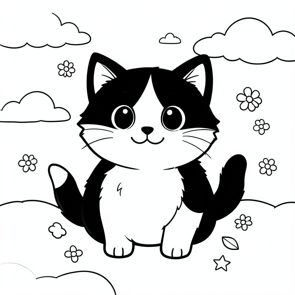 Tạo một hình minh họa vui vẻ về một con mèo nhỏ màu đen và trắng lông tơ. Con mèo nên được tập trung và biểu cảm của nó phải hoàn toàn đáng yêu - đôi mắt to, biểu cảm với nụ cười dịu dàng. Nó phải có một cái bụng tròn, hơi đầy đặn. Những đường nét đơn giản, dày, đậm xác định hình dạng của mèo. Kết hợp một vài hình dạng nhỏ, cong - có thể là một cánh hoa nhỏ hoặc một ngôi sao - nằm rải rác xung quanh gốc của nó. Nền nên bao gồm một đám mây mềm, hơi mờ, rải rác với một vài bông hoa thu nhỏ, cách điệu. Tâm trạng tổng thể phải là một trong những hạnh phúc và mãn nguyện thuần khiết, ngây thơ. Tập trung vào cảm giác ấm áp và niềm vui nhẹ nhàng.  Không từ, không số, không nhãn, chỉ có sự quyến rũ thị giác thuần túy., tranh tô màu đen trắng, phong cách lowbook, nghệ thuật đường nét, đơn sắc, không màu, không đổ bóng, không xám, không tô