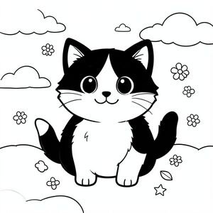Tạo một hình minh họa vui vẻ về một con mèo nhỏ màu đen và trắng lông tơ. Con mèo nên được tập trung và biểu cảm của nó phải hoàn toàn đáng yêu - đôi mắt to, biểu cảm với nụ cười dịu dàng. Nó phải có một cái bụng tròn, hơi đầy đặn. Những đường nét đơn giản, dày, đậm xác định hình dạng của mèo. Kết hợp một vài hình dạng nhỏ, cong - có thể là một cánh hoa nhỏ hoặc một ngôi sao - nằm rải rác xung quanh gốc của nó. Nền nên bao gồm một đám mây mềm, hơi mờ, rải rác với một vài bông hoa thu nhỏ, cách điệu. Tâm trạng tổng thể phải là một trong những hạnh phúc và mãn nguyện thuần khiết, ngây thơ. Tập trung vào cảm giác ấm áp và niềm vui nhẹ nhàng.  Không từ, không số, không nhãn, chỉ có sự quyến rũ thị giác thuần túy., tranh tô màu đen trắng, phong cách lowbook, nghệ thuật đường nét, đơn sắc, không màu, không đổ bóng, không xám, không tô