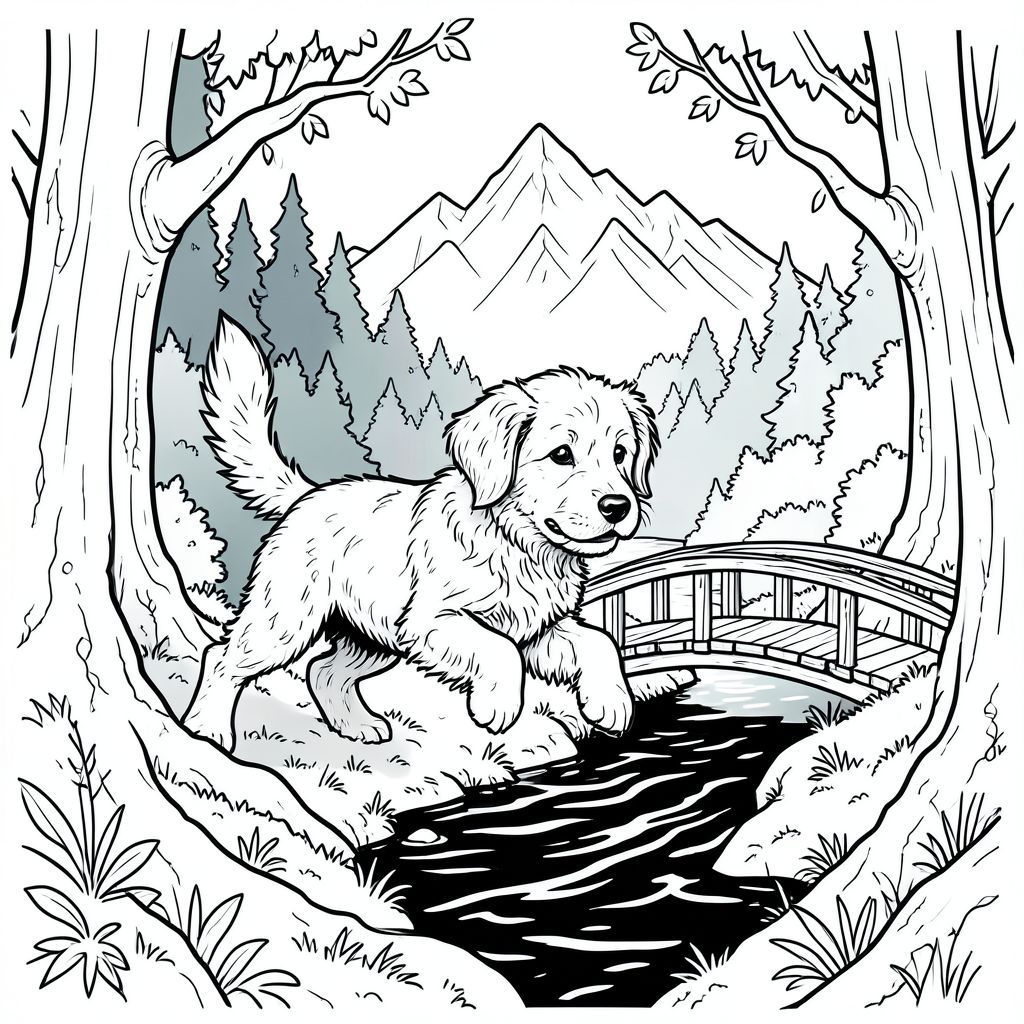 Tạo một trang tô màu đơn sắc, cách điệu cao với nghệ thuật đường nét đen trắng rõ ràng, có độ tương phản cao. Tâm điểm là một chú chó săn vàng nhếch nhác nép mình giữa những tán cây cổ thụ phủ đầy rêu. con đang nhảy vọt giữa chừng, đuôi của nó hăng hái vẫy vẫy, chỉ hơi lệch tâm, về phía một cây cầu gỗ nhỏ, bị phong hóa bắc qua một dòng sông tối tăm, chảy xiết. Phía sau chú chó, một dãy núi lởm chởm, phủ tuyết mọc lên đáng kể ở hậu cảnh, đỉnh của nó được làm dịu bởi bầu trời mờ mịt, u ám. Bối cảnh lấy bối cảnh trong một khu rừng râm mát hơi mọc um tù. Tập trung vào việc tạo ra một bầu không khí kỳ lạ, hơi u sầu. Nghệ thuật đường nét phải cực kỳ sắc nét và chính xác, với các đường viền mạnh mẽ, rõ ràng xác định từng chi tiết của lông chó, cành cây và cấu trúc của cây cầu. Sử dụng một bảng màu hạn chế gồm xanh đậm, xám và xanh lá cây trầm ở nền để tạo chiều sâu thị giác. Ấn tượng tổng thể phải là một trong những điều kỳ diệu yên tĩnh, nhẹ nhàng và một chút hoài niệm. Không có màu sắc nào được sử dụng; nghệ thuật đường nét thuần túy. Hãy nghĩ đến phong cách minh họa đầu thế kỷ 20, nhưng với tính thẩm mỹ hiện đại, sạch sẽ. Nhấn mạnh vào chi tiết trong biểu cảm của chú chó - hơi nghiêng đầu và ánh mắt đầy hy vọng. Hiệu ứng họa tiết nhẹ, kéo mắt người xem về phía chú chó con.  ---  Hãy cho tôi biết nếu bạn muốn tôi tinh chỉnh điều này thêm!, tranh tô màu đen trắng, phong cách lowbook, nghệ thuật đường nét, đơn sắc, không màu, không đổ bóng, không xám, không tô màu, nền trắng, chỉ phác thảo