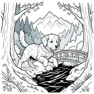 Tạo một trang tô màu đơn sắc, cách điệu cao với nghệ thuật đường nét đen trắng rõ ràng, có độ tương phản cao. Tâm điểm là một chú chó săn vàng nhếch nhác nép mình giữa những tán cây cổ thụ phủ đầy rêu. con đang nhảy vọt giữa chừng, đuôi của nó hăng hái vẫy vẫy, chỉ hơi lệch tâm, về phía một cây cầu gỗ nhỏ, bị phong hóa bắc qua một dòng sông tối tăm, chảy xiết. Phía sau chú chó, một dãy núi lởm chởm, phủ tuyết mọc lên đáng kể ở hậu cảnh, đỉnh của nó được làm dịu bởi bầu trời mờ mịt, u ám. Bối cảnh lấy bối cảnh trong một khu rừng râm mát hơi mọc um tù. Tập trung vào việc tạo ra một bầu không khí kỳ lạ, hơi u sầu. Nghệ thuật đường nét phải cực kỳ sắc nét và chính xác, với các đường viền mạnh mẽ, rõ ràng xác định từng chi tiết của lông chó, cành cây và cấu trúc của cây cầu. Sử dụng một bảng màu hạn chế gồm xanh đậm, xám và xanh lá cây trầm ở nền để tạo chiều sâu thị giác. Ấn tượng tổng thể phải là một trong những điều kỳ diệu yên tĩnh, nhẹ nhàng và một chút hoài niệm. Không có màu sắc nào được sử dụng; nghệ thuật đường nét thuần túy. Hãy nghĩ đến phong cách minh họa đầu thế kỷ 20, nhưng với tính thẩm mỹ hiện đại, sạch sẽ. Nhấn mạnh vào chi tiết trong biểu cảm của chú chó - hơi nghiêng đầu và ánh mắt đầy hy vọng. Hiệu ứng họa tiết nhẹ, kéo mắt người xem về phía chú chó con.  ---  Hãy cho tôi biết nếu bạn muốn tôi tinh chỉnh điều này thêm!, tranh tô màu đen trắng, phong cách lowbook, nghệ thuật đường nét, đơn sắc, không màu, không đổ bóng, không xám, không tô màu, nền trắng, chỉ phác thảo