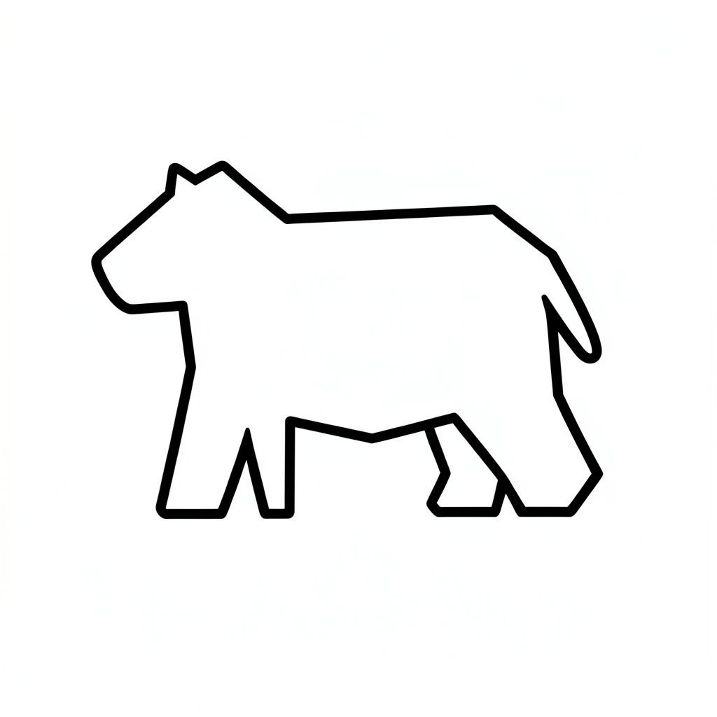 Tạo một hình minh họa vector phẳng của một con vật đơn giản.

**Đối tượng:** Động vật – Tập trung vào hình thức cốt lõi.

** Đề cương: ** Các đường viền dày, đậm xác định hình dạng cơ bản của con vật.  Các hình dạng hình học nên chiếm ưu thế trong đường viền.

**Khoảng trắng:** Khoảng trắng trống rỗng, đáng kể xung quanh đường viền của con vật.  Dàn ý phải đáng kể và rõ ràng.

**Đặc điểm hình dạng:** Sử dụng các hình dạng đơn giản, dễ nhận biết: hình chữ nhật, hình tam giác, hình tròn và đa giác.  Con vật phải bao gồm các hình dạng này, tạo thành một đường viền cơ bản.

** Ấn tượng tổng thể: ** Phẳng, tối giản.  Không đổ bóng, chuyển màu hoặc màu.  Nhấn mạnh vào các đường nét mạnh mẽ, rõ ràng.  Con vật phải xuất hiện như một hình thức cơ bản, không phải là một hình ảnh chi tiết.  Tập trung vào các yếu tố cấu trúc thiết yếu của cơ thể động vật.  Khoảng trắng rất quan trọng đối với bố cục tổng thể.

**Kích thước:** Rộng khoảng 8 inch x cao 12 inch (đề xuất)., tranh tô màu đen trắng, phong cách lowbook, nghệ thuật đường nét, đơn sắc, không màu, không đổ bóng, không xám, không tô màu, nền trắng, chỉ phác thảo, phong cách vector, thiết kế phẳng, 2d