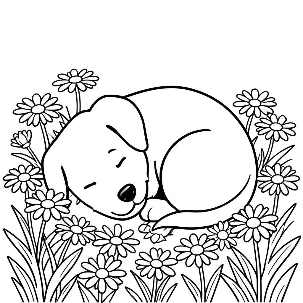 "Vẽ một nhỏ hạnh phúc! Nó cuộn tròn ngủ trong một cánh đồng hoa cúc đầy nắng. Chỉ sử dụng những đường nét đậm, rõ ràng để tạo ra một chú chó đơn giản, theo phong cách hoạt hình. Nền là màu trắng tinh khiết, sáng. Không đổ bóng - chỉ cần sạch sẽ, đường nét đơn giản!", tranh tô màu đen trắng, phong cách lowbook, nghệ thuật đường nét, đơn sắc, không màu, không đổ bóng, không xám, không tô màu, nền trắng, chỉ phác thảo, kiểu vector, thiết kế phẳng, 2d