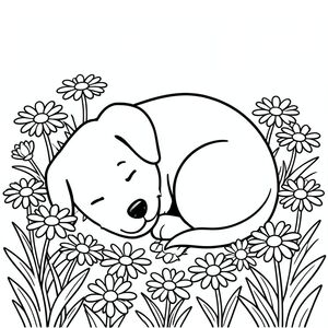 "Vẽ một nhỏ hạnh phúc! Nó cuộn tròn ngủ trong một cánh đồng hoa cúc đầy nắng. Chỉ sử dụng những đường nét đậm, rõ ràng để tạo ra một chú chó đơn giản, theo phong cách hoạt hình. Nền là màu trắng tinh khiết, sáng. Không đổ bóng - chỉ cần sạch sẽ, đường nét đơn giản!", tranh tô màu đen trắng, phong cách lowbook, nghệ thuật đường nét, đơn sắc, không màu, không đổ bóng, không xám, không tô màu, nền trắng, chỉ phác thảo, kiểu vector, thiết kế phẳng, 2d
