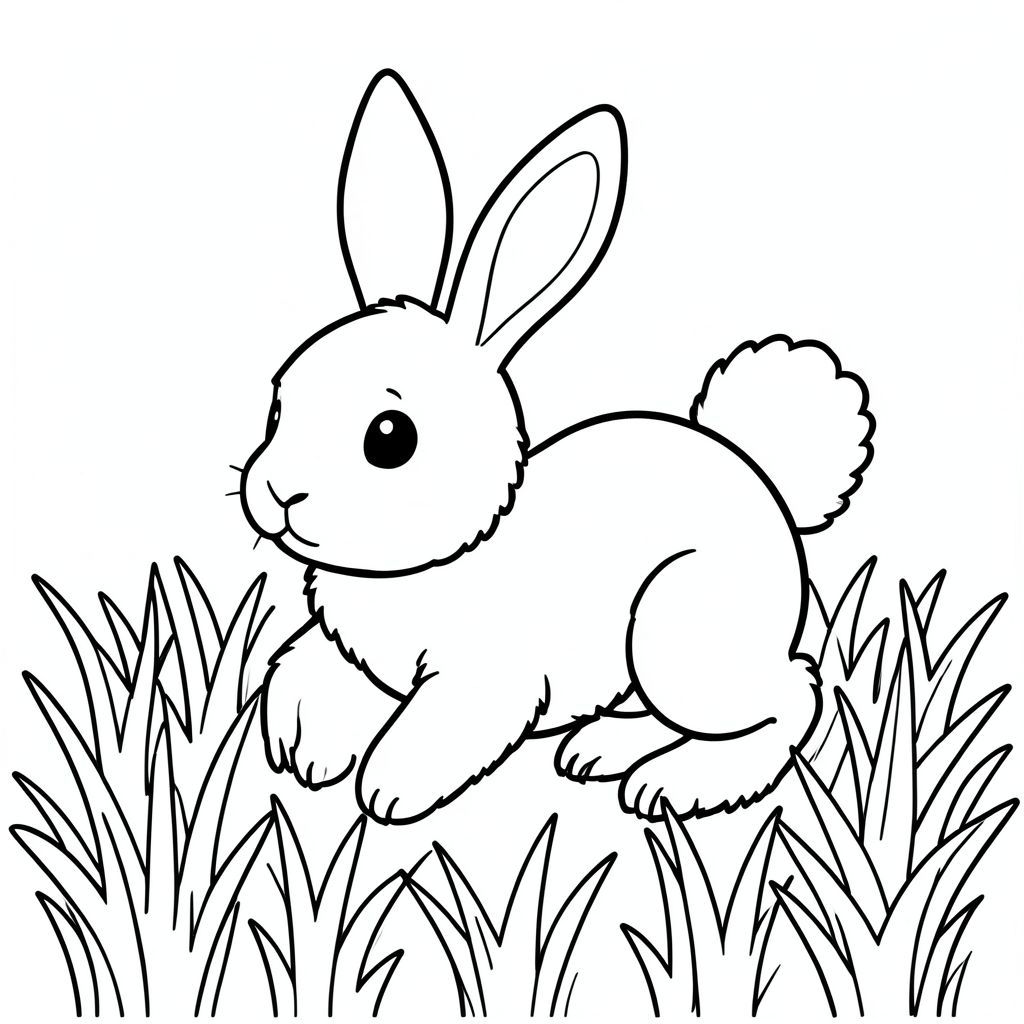 ** Tô màu một chú thỏ lông tơ nhảy qua một cánh đồng cỏ sáng! Sử dụng các đường nét đơn giản, đậm để tạo ra đôi tai đáng yêu và đuôi bồng bềnh. Nền là màu trắng tinh khiết và không có bóng - chỉ có những đường nét đơn giản, hạnh phúc! Nghĩ về phong cách hoạt hình!**, trang tô màu đen trắng, phong cách lowbook, nghệ thuật đường nét, đơn sắc, không màu, không đổ bóng, không xám, không tô màu, nền trắng, chỉ phác thảo, phong cách vector, thiết kế phẳng, 2d