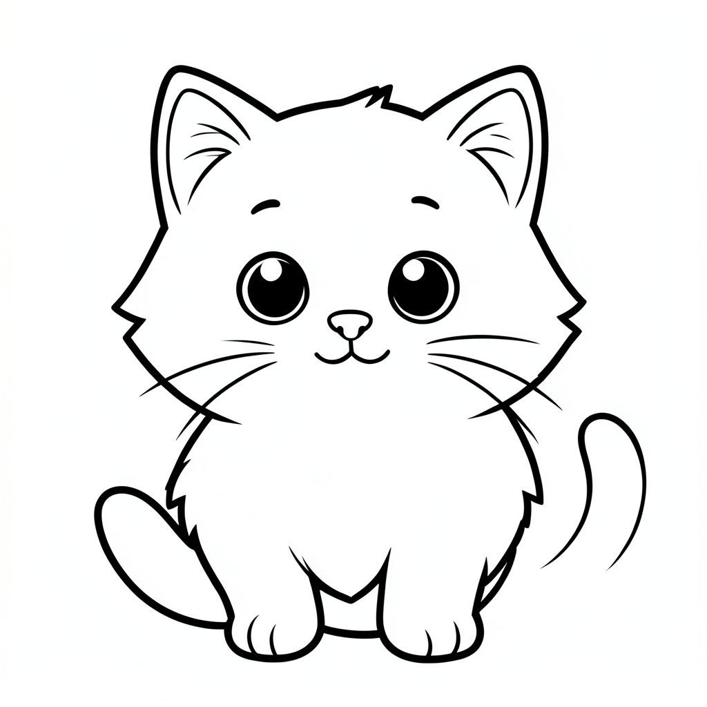 "Tạo một bức tranh tô màu đen trắng đơn giản, quyến rũ của một chú mèo lông tơ! Tập trung vào khuôn mặt đáng yêu của mèo - đôi mắt to, tròn và mũi nhỏ. Chỉ sử dụng các đường đậm, rõ ràng để vẽ nó. Nền là màu trắng tinh khiết. Không đổ bóng - chỉ cần các đường nét đơn giản, sạch sẽ! Hãy nghĩ một con mèo hạnh phúc, phong cách hoạt hình!", trang tô màu đen trắng, phong cách lowbook, nghệ thuật đường nét, đơn sắc, không màu, không bóng, không xám, không tô màu, nền trắng, chỉ phác thảo, phong cách vector, thiết kế phẳng, 2d
