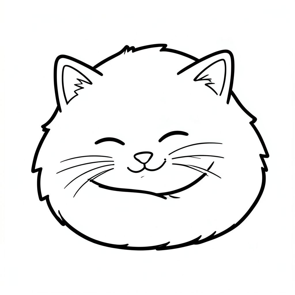 Tạo một bức vẽ đen trắng dễ thương, đơn giản của một con mèo lông tơ! Chỉ sử dụng các đường đậm để hiển thị tai và râu của nó. Nền là màu trắng tinh khiết. Không đổ bóng - chỉ cần các đường nét sạch sẽ, sắc nét! Hãy nghĩ đến một con mèo hạnh phúc, theo phong cách hoạt hình - có thể cuộn tròn ngủ!, tranh tô màu đen trắng, phong cách lowbook, nghệ thuật đường nét, đơn sắc, không màu, không bóng, không xám, không tô màu, nền trắng, chỉ phác thảo, phong cách vector, thiết kế phẳng, 2d