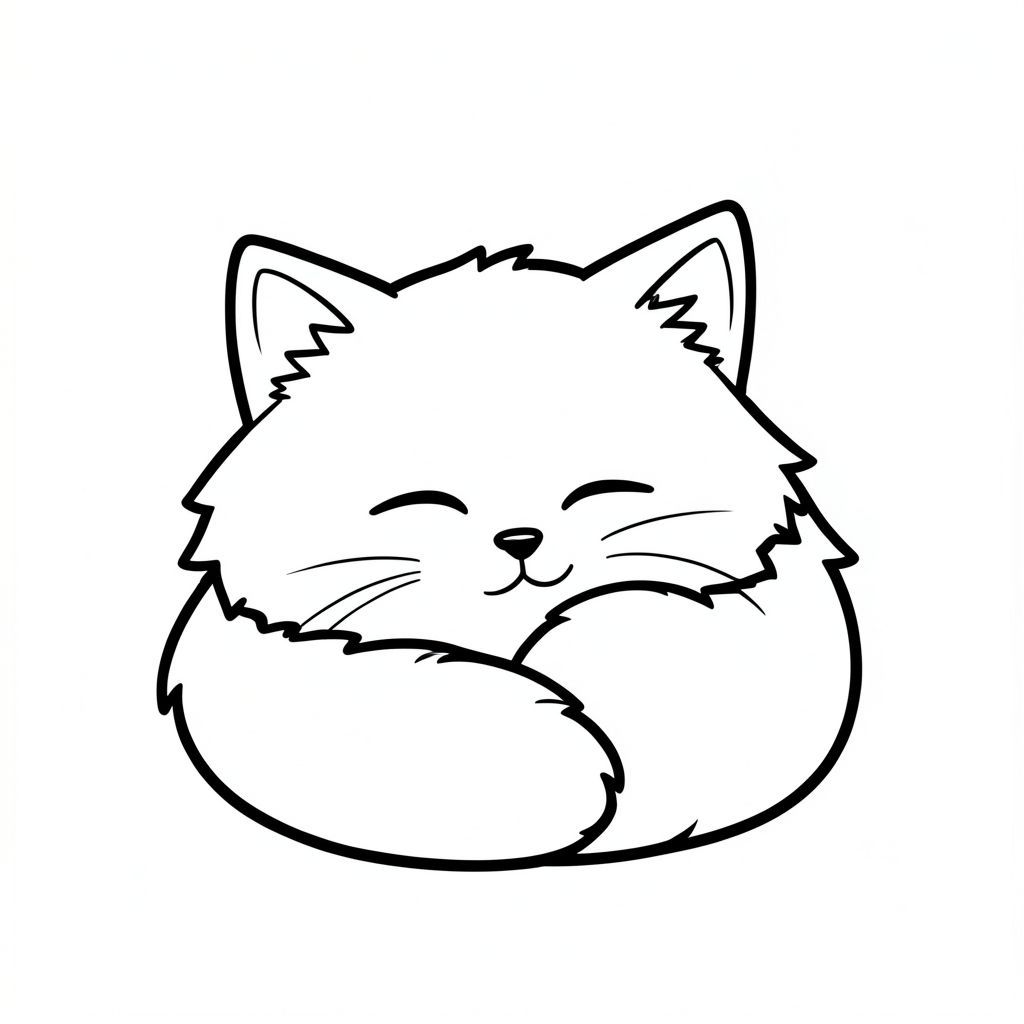 Tạo một bức tranh tô màu đen trắng đơn giản, quyến rũ của một chú mèo lông tơ! Tập trung vào các đường nét đậm, sạch sẽ xác định khuôn mặt và đôi tai dễ thương của nó. Nền là màu trắng tinh khiết và không có bóng mờ - chỉ có những đường nét sắc nét, hạnh phúc. Hãy nghĩ về một phong cách hoạt hình - đó là một con mèo nhỏ buồn ngủ cuộn tròn dưới ánh nắng mặt trời!, trang tô màu đen trắng, phong cách lowbook, nghệ thuật đường nét, đơn sắc, không màu, không bóng, không xám, không tô màu, nền trắng, chỉ phác thảo, phong cách vector, thiết kế phẳng, 2d