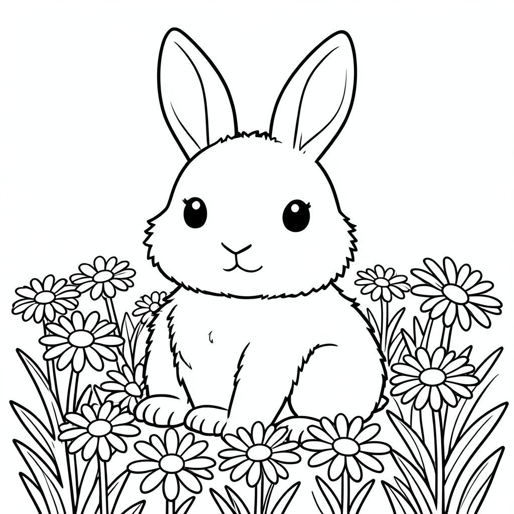 Một chú thỏ lông tơ ngồi trên cánh đồng hoa cúc! Các đường nét đậm và nền trắng làm cho con vật hoạt hình dễ thương này dễ tô màu. Không đổ bóng - chỉ có rất nhiều niềm vui!, tranh tô màu đen trắng, phong cách lowbook, nghệ thuật đường nét, đơn sắc, không màu, không đổ bóng, không xám, không tô màu, nền trắng, chỉ phác thảo, phong cách vector, thiết kế phẳng, 2d