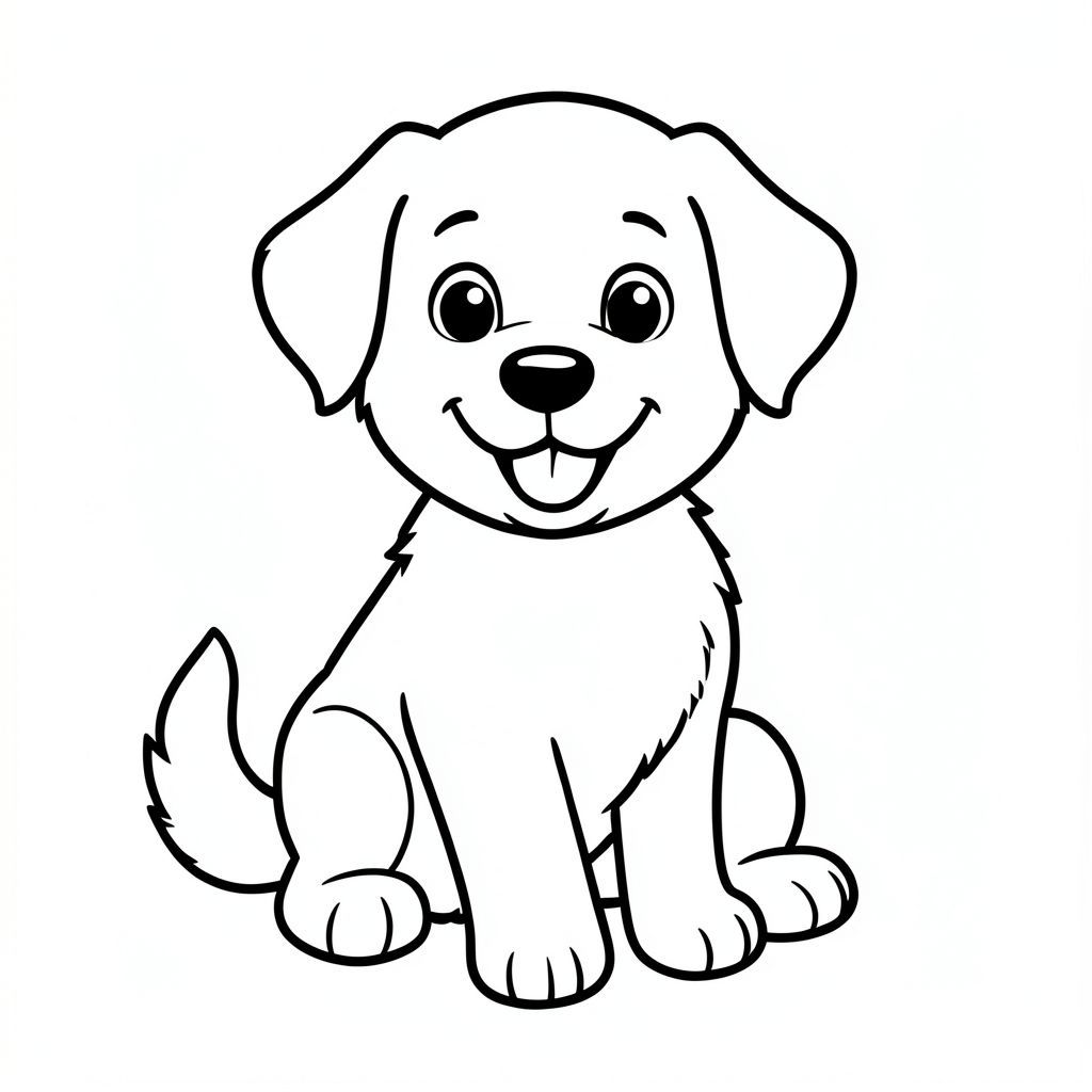 Một chú chó con hạnh phúc ngồi trên nền trắng! Anh ấy đang mỉm cười và vẫy đuôi. Sử dụng các đường nét đậm và tô màu cho anh ấy bằng màu yêu thích của bạn! Đây là một bản vẽ theo phong cách hoạt hình - không cần đổ bóng!, tranh tô màu đen trắng, phong cách lowbook, nghệ thuật đường nét, đơn sắc, không màu, không đổ bóng, không xám, không tô màu, nền trắng, chỉ phác thảo, phong cách vector, thiết kế phẳng, 2d