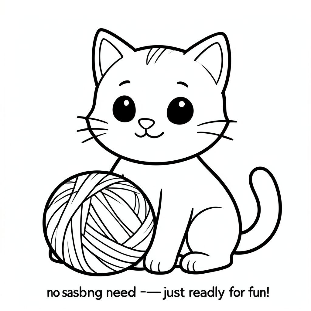 Một chú mèo hoạt hình vui tươi ngồi vui vẻ với một quả bóng sợi lớn! Các đường nét đậm giúp bạn dễ dàng tô màu và nền trắng đã sẵn sàng cho những màu sáng nhất của bạn. Không cần đổ bóng - chỉ cần một con mèo dễ thương, đơn giản sẵn sàng cho vui!, tranh tô màu đen trắng, phong cách lowbook, nghệ thuật đường nét, đơn sắc, không màu, không bóng, không xám, không tô màu, nền trắng, chỉ phác thảo, phong cách vector, thiết kế phẳng, 2d