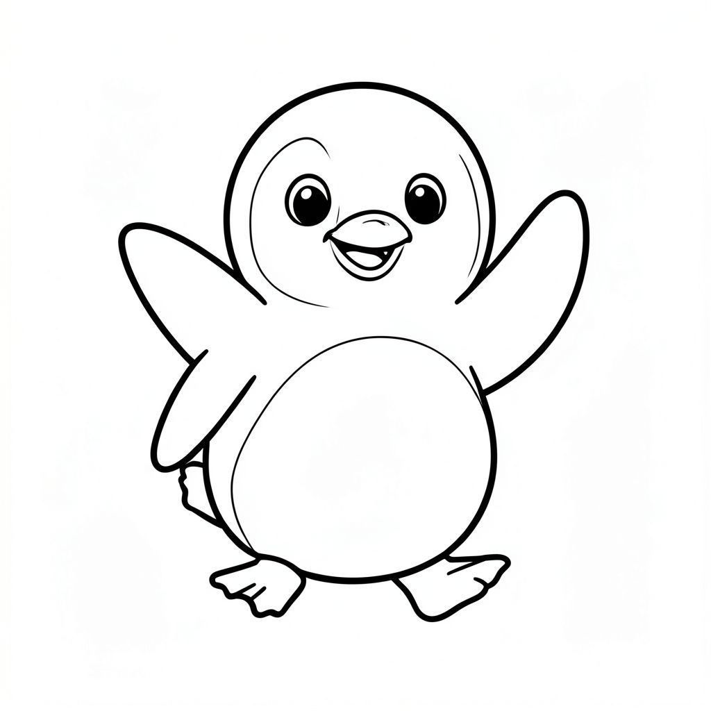 Một chú chim cánh cụt nhỏ hạnh phúc loay hoay trên nền trắng! Các đường nét đậm giúp bạn dễ dàng tô màu. Chú chim cánh cụt hoạt hình này đang mỉm cười và vẫy tay - thật thú vị khi tô màu! Không đổ bóng, chỉ có hình dạng đơn giản và nền trắng., trang tô màu đen trắng, phong cách lowbook, nghệ thuật đường nét, đơn sắc, không màu, không đổ bóng, không xám, không tô màu, nền trắng, chỉ phác thảo, phong cách vector, thiết kế phẳng, 2d