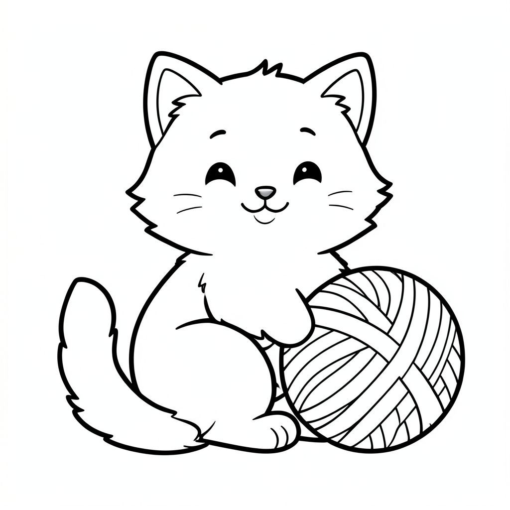 Một chú mèo hoạt hình lông tơ ngồi vui vẻ với một quả bóng sợi lớn! Các đường nét đậm và nền trắng giúp điều này dễ dàng tô màu. Không cần đổ bóng - chỉ cần rất nhiều niềm vui!, tranh tô màu đen trắng, phong cách lowbook, nghệ thuật đường nét, đơn sắc, không màu, không bóng, không xám, không tô màu, nền trắng, chỉ phác thảo, phong cách vector, thiết kế phẳng, 2d