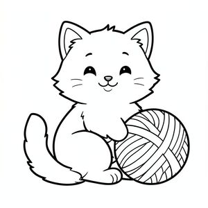 Một chú mèo hoạt hình lông tơ ngồi vui vẻ với một quả bóng sợi lớn! Các đường nét đậm và nền trắng giúp điều này dễ dàng tô màu. Không cần đổ bóng - chỉ cần rất nhiều niềm vui!, tranh tô màu đen trắng, phong cách lowbook, nghệ thuật đường nét, đơn sắc, không màu, không bóng, không xám, không tô màu, nền trắng, chỉ phác thảo, phong cách vector, thiết kế phẳng, 2d
