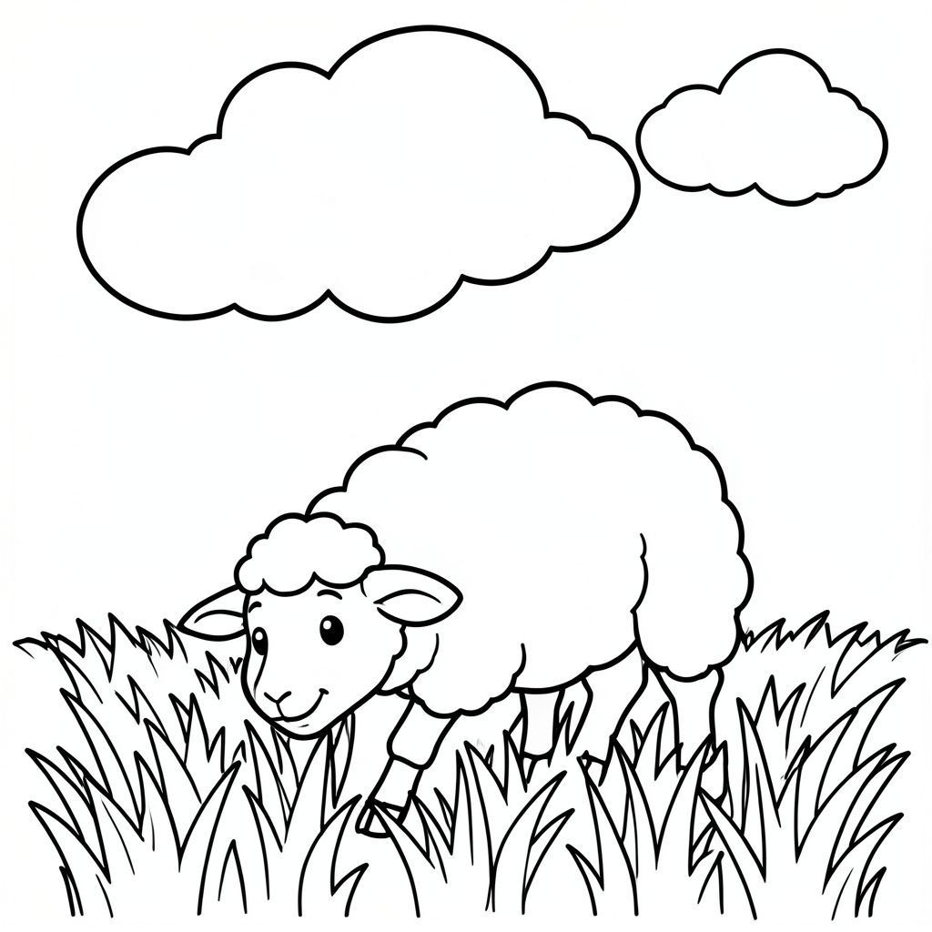 ** Tô màu trong một đám mây mịn! Một con cừu nhỏ đang vui vẻ gặm cỏ trên cánh đồng cỏ sáng. Chỉ cần vẽ những đường đơn giản, đậm để thể hiện len và đôi tai nhỏ hạnh phúc của nó. Nền là một không gian trắng, sạch sẽ - không đổ bóng, chỉ là niềm vui thuần khiết, đơn giản! Nghĩ về phong cách hoạt hình!**, trang tô màu đen trắng, phong cách lowbook, nghệ thuật đường nét, đơn sắc, không màu, không đổ bóng, không xám, không tô màu, nền trắng, chỉ phác thảo, phong cách vector, thiết kế phẳng, 2d