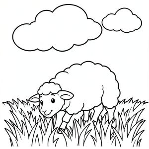 ** Tô màu trong một đám mây mịn! Một con cừu nhỏ đang vui vẻ gặm cỏ trên cánh đồng cỏ sáng. Chỉ cần vẽ những đường đơn giản, đậm để thể hiện len và đôi tai nhỏ hạnh phúc của nó. Nền là một không gian trắng, sạch sẽ - không đổ bóng, chỉ là niềm vui thuần khiết, đơn giản! Nghĩ về phong cách hoạt hình!**, trang tô màu đen trắng, phong cách lowbook, nghệ thuật đường nét, đơn sắc, không màu, không đổ bóng, không xám, không tô màu, nền trắng, chỉ phác thảo, phong cách vector, thiết kế phẳng, 2d