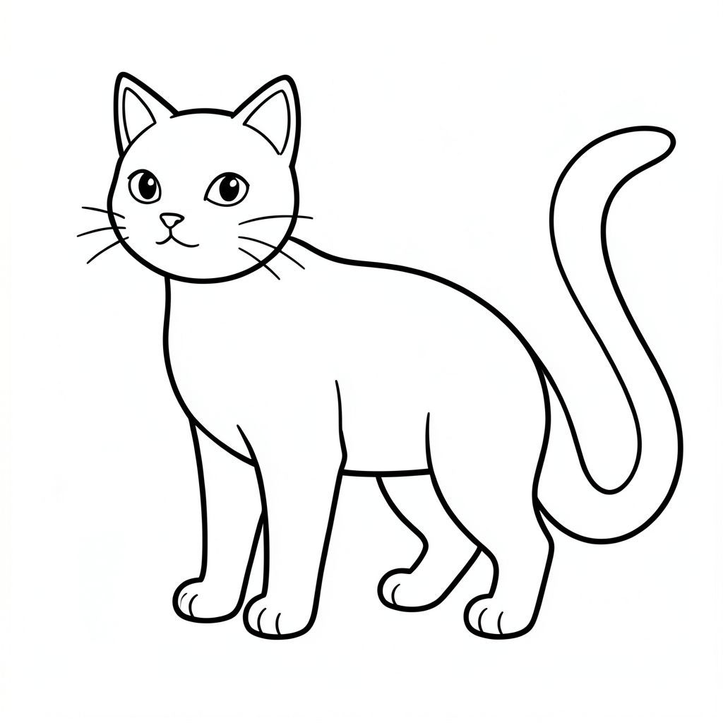 Đen trắng, một hình bóng mèo cách điệu duy nhất. Con mèo được đặt hơi nghiêng, đầu quay về phía người xem. Cột sống của mèo là một đường cong nhẹ nhàng, gợi ý một tư thế thoải mái.

Cơ thể là một hình chữ nhật đơn giản, thuôn dài, được xác định bởi một đường chia độ tinh tế gợi ý cấu trúc cơ. Chân ngắn và góc cạnh, tạo thành một chân máy cơ bản.

Đầu là hình tam giác tròn, cằm hơi nhọn. Tai nhỏ, hình tam giác, nằm cao hơn đỉnh đầu một chút.

Đuôi là một đường cong dài, uốn lượn kéo dài từ phía sau, thuôn nhọn một cách tinh tế về phía gốc. Bàn chân nhỏ, hình tròn, nằm dưới gốc chân một chút.

Đường viền được xác định tỉ mỉ, với những đường nét rõ ràng, mạnh mẽ tạo nên hình dạng của con mèo. Các đường nét chính xác và độ dày đa dạng, tạo cảm giác có chiều sâu. Các đường không chồng lên nhau; Mỗi phân đoạn là riêng biệt.

Nền là một vùng rộng lớn, không màu, tạo ra sự tương phản rõ rệt với các đường nét sắc nét. Ấn tượng tổng thể là một trong những sự sang trọng yên tĩnh và hình thức đơn giản.

Độ phân giải cao, chi tiết sắc nét, các yếu tố không liên quan tối thiểu., trang tô màu đen trắng, phong cách lowbook, nghệ thuật đường nét, đơn sắc, không màu, không đổ bóng, không xám, không tô màu, nền trắng, chỉ phác thảo, phong cách vector, thiết kế phẳng, 2d