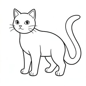 Đen trắng, một hình bóng mèo cách điệu duy nhất. Con mèo được đặt hơi nghiêng, đầu quay về phía người xem. Cột sống của mèo là một đường cong nhẹ nhàng, gợi ý một tư thế thoải mái.

Cơ thể là một hình chữ nhật đơn giản, thuôn dài, được xác định bởi một đường chia độ tinh tế gợi ý cấu trúc cơ. Chân ngắn và góc cạnh, tạo thành một chân máy cơ bản.

Đầu là hình tam giác tròn, cằm hơi nhọn. Tai nhỏ, hình tam giác, nằm cao hơn đỉnh đầu một chút.

Đuôi là một đường cong dài, uốn lượn kéo dài từ phía sau, thuôn nhọn một cách tinh tế về phía gốc. Bàn chân nhỏ, hình tròn, nằm dưới gốc chân một chút.

Đường viền được xác định tỉ mỉ, với những đường nét rõ ràng, mạnh mẽ tạo nên hình dạng của con mèo. Các đường nét chính xác và độ dày đa dạng, tạo cảm giác có chiều sâu. Các đường không chồng lên nhau; Mỗi phân đoạn là riêng biệt.

Nền là một vùng rộng lớn, không màu, tạo ra sự tương phản rõ rệt với các đường nét sắc nét. Ấn tượng tổng thể là một trong những sự sang trọng yên tĩnh và hình thức đơn giản.

Độ phân giải cao, chi tiết sắc nét, các yếu tố không liên quan tối thiểu., trang tô màu đen trắng, phong cách lowbook, nghệ thuật đường nét, đơn sắc, không màu, không đổ bóng, không xám, không tô màu, nền trắng, chỉ phác thảo, phong cách vector, thiết kế phẳng, 2d