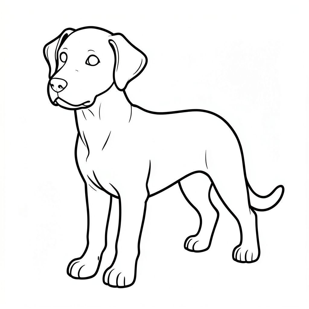 Đường viền đen trắng của một.

Một dạng răng nanh duy nhất, hơi góc cạnh, chiếm ưu thế ở trung tâm. Đầu của chó thuôn dài, với đường cong nhẹ nhàng đến đường viền hàm. Mõm được xác định bởi một đường tinh tế, hơi nhô lên. Đôi mắt to và tròn, nằm ở vị trí cao hơn mõm một chút. Mũi là một hình tam giác đơn giản, hơi dẹt. Hàm dưới nghiêng xuống dưới một cách tinh tế.

Cơ thể chó được hình thành bởi một loạt các đường song song, được xác định rõ ràng, tạo cảm giác chiều sâu. Chân ngắn và chắc chắn, với phần gốc hơi góc cạnh khác biệt. Đuôi dài và cong, hơi vươn ra ngoài phần dưới cơ thể.

Hậu cảnh là một mặt phẳng đen trắng đơn giản, gọn gàng. Các đường nét được thể hiện tỉ mỉ, nhấn mạnh các đường nét và hình dạng của chú chó.  Các đường nét dày và rõ ràng, tạo ra một cấu trúc trực quan mạnh mẽ.  Hiệu ứng tổng thể là một đại diện tối giản của một, đạt được thông qua các đường nét chính xác và có tác động.  Độ phân giải cao, chi tiết sắc nét là rất quan trọng.  Không màu., trang tô màu đen trắng, phong cách lowbook, nghệ thuật đường nét, đơn sắc, không màu, không đổ bóng, không xám, không tô màu, nền trắng, chỉ phác thảo, phong cách vector, thiết kế phẳng, 2d