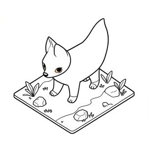 Dưới đây là mô tả về chế độ xem isometric, tập trung vào một con vật nghệ thuật đường nét dễ thương, lấy cảm hứng từ low-poly, được thiết kế cho thẩm mỹ đen trắng với sự rung cảm của thế giới thu nhỏ. Tôi sẽ tập trung vào phối cảnh và các yếu tố liên kết với nhau, chỉ sử dụng các đường viền. Ấn tượng tổng thể: Cảnh này giống như một khu rừng nhỏ, hơi mọc um tùm. Nó được tắm trong một sự im lặng, khuếch tán, gợi ý một ngày mát mẻ, u ám.  Cảm giác tổng thể là thanh thản và nhẹ nhàng. Động vật - Chi tiết cốt lõi: * Một con cáo nhỏ, hình tam giác, với một đường cong nhẹ ở lưng.  Cơ thể chủ yếu là một màu im lặng, hơi , gần giống như đất sét.  Đuôi dài và hơi cong, kết thúc bằng một điểm tròn nhỏ.  * Một cái đầu nhỏ, tròn, gần giống như một cái nút. Đôi mắt to, hơi cúi xuống và màu hổ phách ấm áp, nhẹ nhàng. Một chiếc mũi nhỏ, tinh tế được phác thảo trong.  * Bốn chân ngắn, mập mạp.  Chân trước hơi nghiêng, cho thấy một chuyển động tinh tế. Chân sau rộng hơn một chút, với đường cong nhẹ nhàng.  Mỗi chân có một bàn chân nhỏ, tròn.  * Đuôi dài và cong, thêm một chút chuyển động năng động. Nó mờ dần một cách tinh tế vào phần dưới của cơ thể. Các yếu tố liên kết với nhau – Thế giới thu nhỏ: * Một mạng lưới các đoạn đường rất mỏng tạo thành gốc của một cái cây nhỏ, tròn.  Rễ thưa thớt, gần giống như những cành cây nhỏ.  * Một sự sắp xếp thô, sắp xếp của các đoạn ngắn, đường thẳng tạo ra một mặt đất nông, hơi nhô lên.  Nó không phải là một bề mặt rắn; Có những thay đổi tinh tế về độ dày của dòng.  * Một hòn đá nhỏ, có cạnh thô, một phần ẩn giữa rêu. Đó là một màu và có bề mặt hơi không bằng phẳng.  * Một số đoạn đường nhỏ, chồng lên nhau, hơi dài - giống như những chiếc lá nhỏ - nằm rải rác xung quanh gốc cây.  Chúng không hoàn toàn đồng nhất.  * Một đoạn đường nằm ngang, rất mờ nhạt dẫn hơi về phía xa, đại diện cho một con đường nhỏ, quanh co. Nó hầu như không nhìn thấy, nhấn mạnh vào việc dọn dẹp. Phối cảnh & Bố cục: * Một độ nghiêng isometric nhẹ nhàng, khoảng 30 độ, để cho một cái nhìn hơi cao.  * Một hệ thống lưới rất cơ bản, gần như tối giản được sử dụng để định vị các phần tử.  Con vật chính được đặt hơi lệch tâm.  * Các đường nét dày hơn một chút về phía dưới của ảnh, tạo ra cảm giác có chiều sâu. Bầu không khí tổng thể: Nghệ thuật đường nét nên gợi lên cảm giác quan sát yên tĩnh.  Có một cảm giác tinh tế về 'trọng lượng' đối với các yếu tố nhỏ, gợi ý một thế giới thu nhỏ.

--- Để giúp tôi tinh chỉnh thêm điều này, bạn có thể cho tôi biết: * Có bảng màu cụ thể nào bạn muốn nhấn mạnh không?
* Có phong cách nghệ thuật đường nét low-poly cụ thể nào mà bạn thích không?, tranh tô màu đen trắng, phong cách lowbook, nghệ thuật đường nét, đơn sắc, không màu, không đổ bóng, không xám, không tô màu, nền trắng, chỉ phác thảo, phong cách vector, thiết kế phẳng, 2d