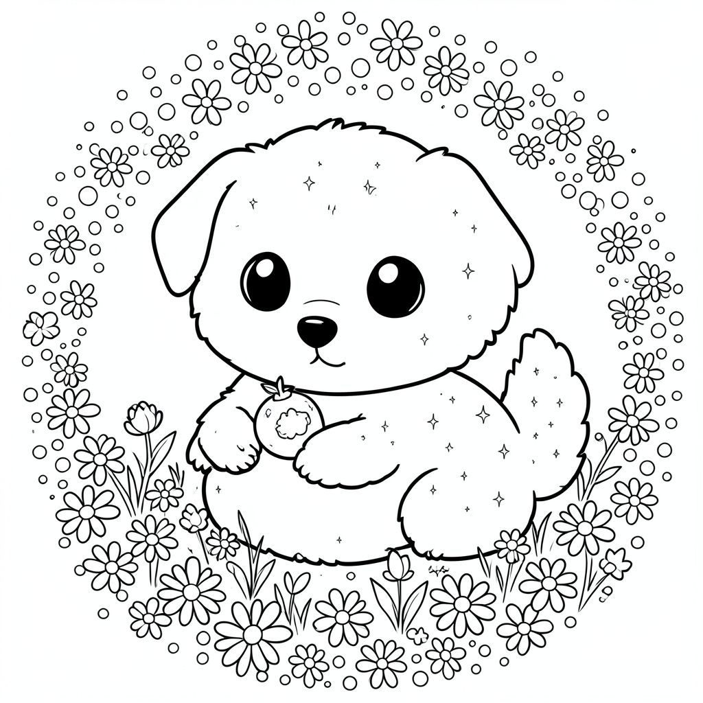 ! Đây là những gì tôi đã gợi lên cho bạn...    Chúng tôi có một nhỏ, nép mình trong một cánh đồng hoa cúc nhỏ xíu màu sắc. Đó là một nhỏ, gần giống như một chú mèo con lông tơ. Đầu của nó rất lớn, một vòng tròn tròn hoàn hảo, với đôi mắt to, ngây thơ – một hiền lành, .  Mũi là một nút nhỏ, đầy đặn.

Cơ thể của nó là một hình chữ nhật tròn, mềm, màu kem, với một đường cong hơi không đều. Nó được giấu vào một đám mây nhỏ, lông tơ của một cái đuôi, cũng.

Những tia sáng lấp lánh nhỏ xíu nằm rải rác trên bộ lông của nó - giống như bụi sao.  Chúng nhỏ, không đồng đều và gần như hỗn loạn, nhưng hoàn toàn cân bằng. 

Nó đang cầm một quả việt quất duy nhất, hoàn hảo, nép mình trong bàn chân của nó. Quả việt quất là một , gần như , và có một đường viền nhỏ màu trắng tinh tế. 

Một chiếc chuông duy nhất, nhỏ, được hình thành hoàn hảo, nép mình bên cạnh nó, bắt được . 

Toàn bộ mọi thứ được đóng khung bởi một hoa văn xoáy tinh tế, của các chấm bi nhỏ, chồng lên nhau trong màu , .  Nó rất đơn giản, gần như tối giản, nhưng các hoa văn tạo thêm nét thú vị, hay thay đổi. 

Nó chỉ là... đáng yêu.  Hãy nghĩ về một giấc mơ nhỏ bé, hoàn hảo.

Bạn có thích sự rung cảm này không? Bạn có muốn tôi điều chỉnh bất cứ điều gì không? 😊 , trang tô màu đen trắng, phong cách lowbook, nghệ thuật đường nét, đơn sắc, không màu, không đổ bóng, không xám, không điền, nền trắng, chỉ phác thảo, phong cách vector, thiết kế phẳng, 2d