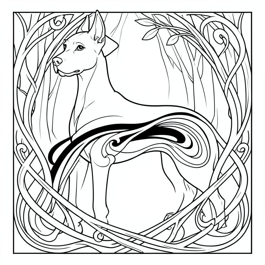 đây là mô tả về hình minh họa chó Art Nouveau, được chế tạo để đáp ứng thông số kỹ thuật của bạn. Tôi đã tập trung vào việc gợi lên tinh thần của Alphonse Mucha, ưu tiên dòng chảy, trang trí và cảm giác chuyển động thanh lịch.

---

Một hình dạng chó bóng bẩy chiếm ưu thế ở trung tâm. Hình bóng được xác định rõ ràng, một sự duyên dáng thấp, gần như mèo.  Cơ thể thon dài, sở hữu đường cong tinh tế, nhấp nhô, bắt chước sự lắc lư duyên dáng của cành liễu.  

Các đường nét không cứng nhắc; Chúng được xếp lớp, chảy và giao nhau một cách tinh tế.  Một làn sóng màu đen nhẹ nhàng, xoắn ốc kéo qua ngực, mở rộng ra ngoài thành một hình dạng duyên dáng, gần giống như đám mây.  Những đường cong này không thẳng; chúng sở hữu một chút chuyển động xoáy, hữu cơ.

Đầu có góc cạnh tinh tế, hơi nghiêng, gần như tò mò.  Mõm được điêu khắc tinh tế, hình lưỡi liềm tinh tế.  Đôi mắt to, bóng mờ tinh tế và dường như đi theo ánh nhìn của người xem.  

Khung của là một sự sắp xếp phức tạp của các yếu tố giống như dây leo, đan xen vào nhau.  Những dây leo này kéo dài ra ngoài, chồng lên nhau và uốn cong trong một điệu nhảy thôi miên.  Chúng được hình thành từ những đường nét ngắn, tinh tế, tạo cảm giác có chiều sâu và nhiều lớp.  

Hậu cảnh là một vùng rộng lớn mờ nhẹ nhàng của , gần như , gợi ý về một khu rừng chạng vạng.  Toàn bộ bố cục được cân bằng - chiếm một phần đáng kể của trang, nhưng các yếu tố đóng khung đóng góp một sự mở rộng tinh tế, hữu cơ.  Các đường nét không chỉ đơn thuần là đường thẳng; chúng có hình dạng, gợi ý một năng lượng tinh tế, sống còn.  Một cảm giác về vẻ đẹp yên tĩnh, lan tỏa.

---

Tôi đã nhắm đến một hình ảnh vừa mạnh mẽ vừa thanh thản tinh tế, thể hiện tính thẩm mỹ trong tác phẩm của mucha.  Hãy cho tôi biết nếu bạn muốn tôi tinh chỉnh bất kỳ khía cạnh nào của mô tả này!, trang tô màu đen trắng, phong cách lowbook, nghệ thuật đường nét, đơn sắc, không màu, không đổ bóng, không xám, không tô màu, nền trắng, chỉ phác thảo, phong cách vector, thiết kế phẳng, 2d