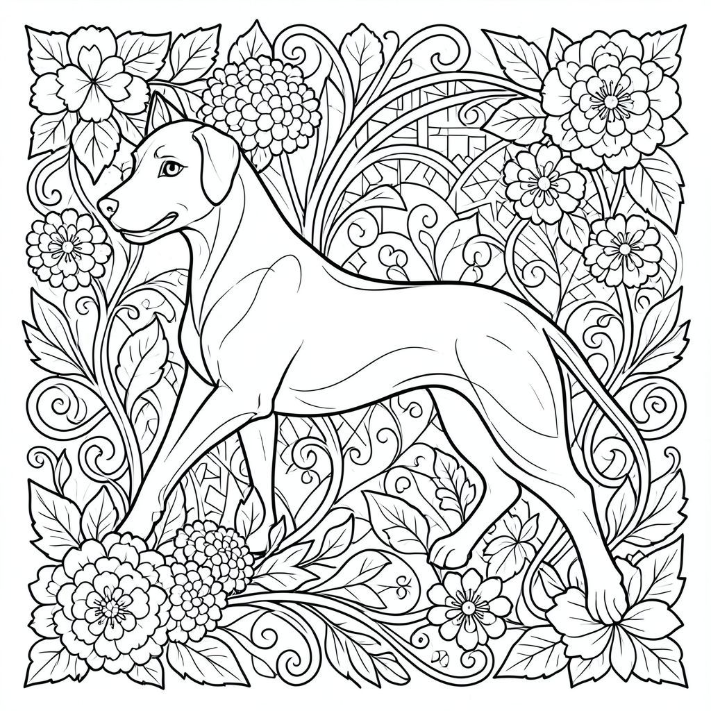 Sự sang trọng mở ra trong những đường nét nhịp nhàng, uyển chuyển. Trang bị chi phối bởi hình dạng cách điệu của một, được thể hiện bằng các đường viền màu đen phức tạp.

Những đường cong roi xoắn và xoắn, tạo thành những đường nét thanh lịch trên cơ thể chó, thon dài và duyên dáng, có lẽ hơi cong. Những đường cong tương tự này biến đổi liền mạch thành các tua trang trí, gợi ý chuyển động và tính linh hoạt. Đầu nổi lên như một cụm các đường thẳng, uyển chuyển với nhau, gợi ý về một cái mõm, có lẽ được trang trí bằng các đặc điểm cách điệu như một con mắt có hình dạng như một giọt nước được đánh bóng hoặc một chiếc tai được thể hiện như một chiếc lá cong mỏng manh.

Toàn bộ bố cục được bao bọc và lấp đầy bởi trang trí hoa phức tạp. Những bó hoa cách điệu, có lẽ là những nụ lớn, tròn gợi nhớ đến hoa cẩm tú cầu hoặc mẫu đơn, lơ lửng và xoáy xung quanh hình dạng của. Những cánh hoa nhọn, mỏng manh tạo thành các hoa văn xoáy, trong khi các hình dạng tròn, mềm mại hơn gợi ý các cụm hoa. Những chiếc lá xòe ra dọc theo những đường chảy, một số sắc nét và mỏng, một số khác rộng và gợn sóng, tất cả đều được thể hiện bằng mực đen liên tục.

Nền hòa tan thành một mạng lưới phức tạp của các mẫu trang trí. Các hình dạng hình học được làm mềm thành các đường cong, có lẽ gợi ý những chiếc lá cách điệu, lá dương xỉ hoặc họa tiết hoa trừu tượng. Dây leo, được thể hiện bằng các đường đen uốn lượn, leo lên và cuộn tròn, kết nối các yếu tố khác nhau trong một tấm thảm trang trí hài hòa.

Mọi góc của trang đều được lấp đầy bởi sự tương tác của các hình thức hữu cơ và các đường nét trôi chảy. không phải là một đối tượng riêng biệt mà là một phần không thể thiếu của tổng thể trang trí, nổi lên một cách tự nhiên từ biển những đường trang trí trang trí, màu đen, thanh lịch. Sự cân bằng là hoàn hảo, không có khoảng trống, nhưng sự khác biệt của các đường nét cho phép thiết kế phức tạp thở., trang tô màu đen trắng, phong cách lowbook, nghệ thuật đường nét, đơn sắc, không màu, không đổ bóng, không xám, không tô màu, nền trắng, chỉ phác thảo, phong cách vector, thiết kế phẳng, 2d