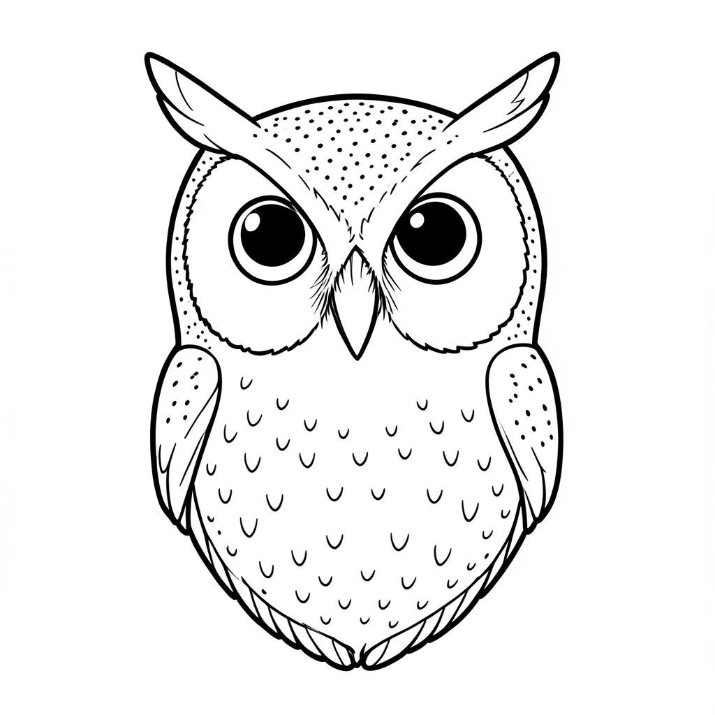 Đây là một bản vẽ đường đen trắng của một con cú. Hình ảnh cho thấy đầu và phần quay về phía trước của cơ thể. Đầu nổi bật, có đôi mắt lớn hướng về phía trước và đôi tai nổi bật. Mỏ được vẽ bằng các đường cong, mịn. Các chi tiết lông vũ được hiển thị với các điểm đốm chính xác bằng cách sử dụng các chấm để tạo ra . Đầu của con cú được vẽ với độ chính xác về mặt giải phẫu, cho thấy cấu trúc của hộp sọ bên dưới lông vũ. Hình ảnh tập trung vào đầu con cú, với cơ thể thuôn nhọn xuống từ ngực. Nền là không gian trắng trống., trang tô màu đen trắng, phong cách lowbook, nghệ thuật đường nét, đơn sắc, không màu, không bóng, không xám, không lấp đầy, nền trắng, chỉ phác thảo, phong cách vector, thiết kế phẳng, 2d