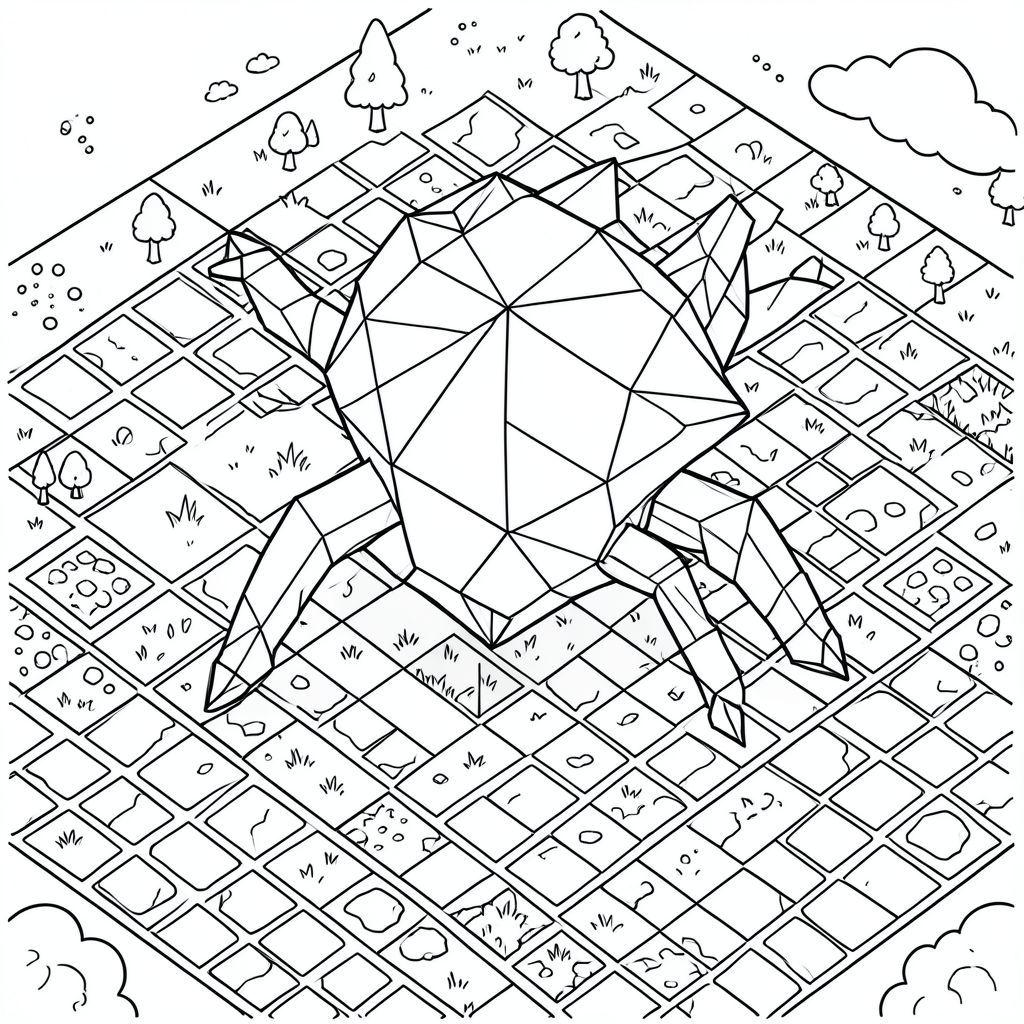 Chế độ Isometric Artist được kích hoạt. Mô tả: Một dạng đa giác phức tạp chiếm mặt phẳng trung tâm, gợi ý một sinh vật được nhìn từ một góc đẳng cự. Cơ thể của nó bao gồm các đường cong và đường thẳng liên kết với nhau, tạo thành một cấu trúc đối xứng, nhiều mặt. Nhiều hình tam giác, tứ giác và đa giác cong chồng lên nhau gặp nhau dọc theo các cạnh chung, tạo ra một hình bóng chi tiết. Bề mặt có vẻ phức tạp, với các đường xác định các phần hoặc đặc điểm riêng biệt. Các chi hoặc phần phụ, cũng được xây dựng từ các hình dạng hình học rõ ràng, phân nhánh ra khỏi cơ thể chính ở các góc riêng biệt, gợi ý chuyển động hoặc tư thế. Bản thân các chi này được phân đoạn, có thể sử dụng các đa giác nhỏ hơn hoặc đường cong, và có thể gợi ý thông qua sự sắp xếp của chúng.

Kết nối cơ thể chính và các chi là những đường thẳng, mỏng, gợi ý cấu trúc bên trong hoặc các yếu tố xương. Đầu của sinh vật, có lẽ là một cụm đa giác cong phức tạp hơn, được đặt ở phía trên trục trung tâm một chút, tạo thêm sự bất đối xứng. Ấn tượng tổng thể là một trong những xây dựng cẩn thận, với tất cả các đường nét sạch sẽ và khác biệt.

Mặt phẳng mặt đất kéo dài theo mọi hướng từ sinh vật, chứa đầy một mô hình phức tạp của các yếu tố được căn chỉnh theo lưới. Các hình dạng nhỏ, lặp đi lặp lại - có thể là hình vuông, kim cương hoặc hình tam giác cong - bao phủ mặt đất, tạo ra . Một số khu vực cho thấy các biến thể: các mảng đường mịn hơn gợi ý cỏ, trong khi những khu vực khác có các đường dày hơn, tối hơn được sắp xếp theo mô hình đá cuội, với hình dạng bất thường gợi ý những viên đá thô ráp. Các viên đá cuội được sắp xếp theo một lưới đẳng cự, cho thấy sự sắp xếp ba chiều của chúng.

Các yếu tố nhỏ khác rải rác trong không gian đẳng cự: có lẽ là các đại diện thu nhỏ, trừu tượng của cây cối, hoặc các cụm chấm gợi ý những đám mây hoặc các đặc điểm ở xa, tất cả đều được hiển thị với cùng một phong cách đường hình học, sạch sẽ. Mọi thứ được kết nối với nhau bằng các đường lưới nhất quán hoặc các đường phối cảnh ngụ ý của chế độ xem đẳng cự. Bố cục dày đặc, không có khoảng trống, nhưng các đường nét riêng biệt duy trì sự rõ ràng. Tất cả các yếu tố đều có cùng độ đậm của đường màu đen trên nền trắng., trang tô màu đen trắng, phong cách lowbook, nghệ thuật đường nét, đơn sắc, không màu, không đổ bóng, không xám, không tô màu, nền trắng, chỉ phác thảo, phong cách vector, thiết kế phẳng, 2d