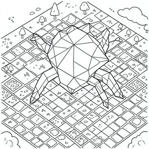 Chế độ Isometric Artist được kích hoạt. Mô tả: Một dạng đa giác phức tạp chiếm mặt phẳng trung tâm, gợi ý một sinh vật được nhìn từ một góc đẳng cự. Cơ thể của nó bao gồm các đường cong và đường thẳng liên kết với nhau, tạo thành một cấu trúc đối xứng, nhiều mặt. Nhiều hình tam giác, tứ giác và đa giác cong chồng lên nhau gặp nhau dọc theo các cạnh chung, tạo ra một hình bóng chi tiết. Bề mặt có vẻ phức tạp, với các đường xác định các phần hoặc đặc điểm riêng biệt. Các chi hoặc phần phụ, cũng được xây dựng từ các hình dạng hình học rõ ràng, phân nhánh ra khỏi cơ thể chính ở các góc riêng biệt, gợi ý chuyển động hoặc tư thế. Bản thân các chi này được phân đoạn, có thể sử dụng các đa giác nhỏ hơn hoặc đường cong, và có thể gợi ý thông qua sự sắp xếp của chúng.

Kết nối cơ thể chính và các chi là những đường thẳng, mỏng, gợi ý cấu trúc bên trong hoặc các yếu tố xương. Đầu của sinh vật, có lẽ là một cụm đa giác cong phức tạp hơn, được đặt ở phía trên trục trung tâm một chút, tạo thêm sự bất đối xứng. Ấn tượng tổng thể là một trong những xây dựng cẩn thận, với tất cả các đường nét sạch sẽ và khác biệt.

Mặt phẳng mặt đất kéo dài theo mọi hướng từ sinh vật, chứa đầy một mô hình phức tạp của các yếu tố được căn chỉnh theo lưới. Các hình dạng nhỏ, lặp đi lặp lại - có thể là hình vuông, kim cương hoặc hình tam giác cong - bao phủ mặt đất, tạo ra . Một số khu vực cho thấy các biến thể: các mảng đường mịn hơn gợi ý cỏ, trong khi những khu vực khác có các đường dày hơn, tối hơn được sắp xếp theo mô hình đá cuội, với hình dạng bất thường gợi ý những viên đá thô ráp. Các viên đá cuội được sắp xếp theo một lưới đẳng cự, cho thấy sự sắp xếp ba chiều của chúng.

Các yếu tố nhỏ khác rải rác trong không gian đẳng cự: có lẽ là các đại diện thu nhỏ, trừu tượng của cây cối, hoặc các cụm chấm gợi ý những đám mây hoặc các đặc điểm ở xa, tất cả đều được hiển thị với cùng một phong cách đường hình học, sạch sẽ. Mọi thứ được kết nối với nhau bằng các đường lưới nhất quán hoặc các đường phối cảnh ngụ ý của chế độ xem đẳng cự. Bố cục dày đặc, không có khoảng trống, nhưng các đường nét riêng biệt duy trì sự rõ ràng. Tất cả các yếu tố đều có cùng độ đậm của đường màu đen trên nền trắng., trang tô màu đen trắng, phong cách lowbook, nghệ thuật đường nét, đơn sắc, không màu, không đổ bóng, không xám, không tô màu, nền trắng, chỉ phác thảo, phong cách vector, thiết kế phẳng, 2d