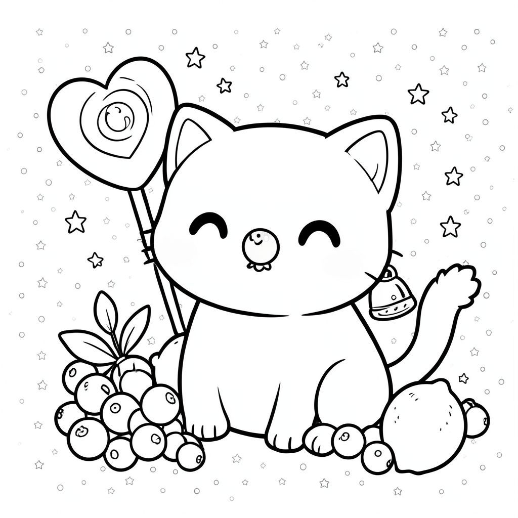 đây là mô tả về hình minh họa mèo Kawaii Chibi, được thiết kế để thực hiện như một trang siêu dễ thương, đơn giản và giàu hình ảnh, ưu tiên các yếu tố kawaii. Tôi sẽ tập trung vào việc truyền tải bản chất của sự dễ thương thông qua đường nét và hoa văn:

--- Một con mèo đen nhỏ, đầy đặn đang ngồi nép mình giữa những quả mọng màu rải rác. Đầu của con mèo đặc biệt lớn - gần giống như một quả bóng bay - với một đường cong nhẹ nhàng trên khuôn mặt. Tai của nó nhỏ và tròn, gần giống như những chiếc chuông nhỏ.

Cơ thể của con mèo cực kỳ nhỏ gọn, gần như trẻ con. Đó là một , một chút .  Bàn chân của nó nhỏ và có đệm, với móng vuốt tròn, mỏng manh.

Một quả việt quất duy nhất đậu trên mũi mèo.  Nó hơi nghiêng, tạo ra một đường cong vui tươi.

Một chiếc chuông nhỏ, óng ánh nép mình ngay sau tai mèo, bắt được .

Một quả chanh nhỏ, tròn hoàn hảo, nằm gần đó, bị che khuất một phần bởi bàn chân của mèo.

Một vài ngôi sao nhỏ màu trắng nằm rải rác trên nền, tạo ra hiệu ứng lấp lánh tinh tế.  Chúng không dày đặc, nhưng đủ để thêm một chút thú vị về thị giác.

Một viên kẹo mút hình trái tim, lớn, duy nhất được đặt hơi lệch sang bên trái của con mèo, ngay phía trên đuôi của nó. Đó là một, .

Đuôi mèo dài và hơi cong, kết thúc bằng một phồng nhỏ, mịn. 

Thành phần tổng thể được cân bằng. Đầu và cơ thể của mèo chiếm một phần đáng kể của trang, trong khi quả mọng và kẹo mút cung cấp một mỏ neo trực quan. Có một dòng chảy nhẹ nhàng, mềm mại của các đường nối các yếu tố, nhấn mạnh tỷ lệ đáng yêu.

Hậu cảnh được cố tình lấp đầy bằng một mô hình các chấm trắng nhỏ, chồng lên nhau - một mô típ ngôi sao tinh tế, lặp đi lặp lại - tạo cảm giác chiều sâu và hài hòa thị giác.  Không cho phép các khu vực trống lớn.

--- Cơ sở lý luận cho các lựa chọn thiết kế: chìa khóa * cho thẩm mỹ Chibi.  * Hình dạng của mèo được thiết kế mịn màng và nhẹ nhàng.  * Những điều này tạo thêm một chút ma thuật và hấp dẫn thị giác.  * Quả mọng, kẹo mút và chuông tạo cảm giác ấm áp và thích thú.  * Hoa văn củng cố chủ đề kawaii và ngăn hình ảnh có cảm giác quá lộn xộn.  * Việc sắp xếp các yếu tố được xem xét cẩn thận để duy trì sự hài hòa về mặt thị giác.

Tôi đã tập trung vào việc tạo ra cảm giác dễ thương thuần khiết, thuần khiết.  Hãy cho tôi biết nếu bạn muốn tôi tinh chỉnh bất kỳ khía cạnh nào của mô tả này hoặc tạo một biến thể!, trang tô màu đen trắng, phong cách lowbook, nghệ thuật đường nét, đơn sắc, không màu, không đổ bóng, không xám, không tô màu, nền trắng, chỉ phác thảo, phong cách vector, thiết kế phẳng, 2d