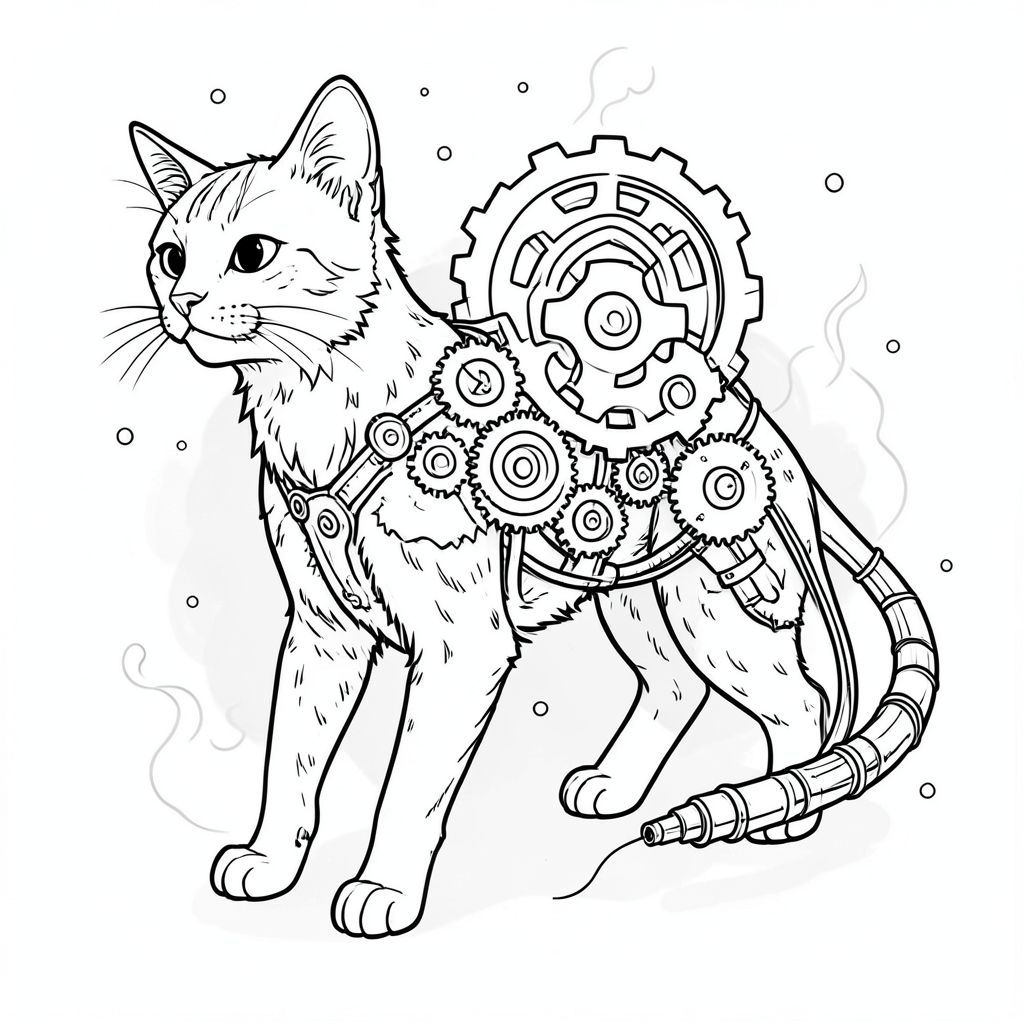 đây là mô tả về hình minh họa đen trắng lấy cảm hứng từ Steampunk về một con mèo, được thiết kế để đáp ứng các thông số kỹ thuật của bạn. Tôi sẽ tập trung vào cảm giác và bố cục hơn là mô tả màu sắc chi tiết.

Hãy tưởng tượng một hình dạng mèo bóng bẩy, hơi dài, ở giữa. Hình bóng của nó được xác định bởi một cột sống thấp, mạnh mẽ, gần như hình tam giác.  Cơ thể hơi nghiêng về phía trước, truyền tải cảm giác chuyển động, mặc dù đó là một tư thế tĩnh. 

Bộ lông là một lớp lông dày đặc, hơi có hoa văn - sự pha trộn của các đường ngắn, sẻo dai và các đoạn dài hơn, uyển chuyển, tạo ra một vẻ tinh tế, máy móc.  Bộ lông chủ yếu là a , với những gợi ý của ánh sáng có thể nhìn thấy trong .

Một mạng lưới phụ kiện phức tạp chi phối ngực và vai của mèo.  Đây không chỉ đơn thuần là trang trí; Chúng là các bánh răng được kết nối với nhau, quay tinh tế và khóa tại chỗ.  Một bánh răng lớn, hình tròn, được khắc với các hoa văn phức tạp, vòng lặp, nằm trên lưng mèo, bị che khuất một phần bởi bộ lông.  Các bánh răng hình lục giác nhỏ hơn được sắp xếp xung quanh đáy cột sống, cho thấy một cơ chế.

Một số đường ống, được làm bằng màu đen, uốn lượn ra từ hai bên sườn của con mèo, hội tụ về phía một vòi phun nhỏ, gần như chính xác không tưởng, ở gốc đuôi của nó.  Các đường ống này không chỉ đơn giản là được kết nối; Chúng tạo thành một hoa văn tinh tế, đan xen, giống như một hệ thống tưới tiêu thu nhỏ.  Một số đường ống có đinh tán nhỏ, gần như cực nhỏ được đóng vào bề mặt của chúng, làm tăng thêm cảm giác công nghiệp.

Nền là một màu mờ nhẹ nhàng của , tạo cảm giác chiều sâu và nhấn mạnh hình dạng của con mèo.  Những sợi hơi nước nhỏ, hầu như không thể nhận thấy tỏa ra từ các khớp nối của bánh răng và đường ống, xoáy tinh tế và biến mất vào không gian trắng.  Một vài đinh tán nhỏ, được đóng gói chặt chẽ - và được khắc tinh tế - nằm rải rác trên nền, làm tăng thêm cảm giác tổng thể của việc lắp ráp cơ khí. Bố cục tổng thể nghiêng về cảm giác sức mạnh được chứa đựng, một con vật tập trung, được thiết kế tỉ mỉ.

Đầu của con mèo hơi nghiêng, cho thấy một cái nhìn cảnh giác, quan sát. Đôi mắt của nó nhỏ và , gần như đen, và dường như đang phản chiếu một bên trong mờ nhạt.

Sự cân bằng đạt được bằng cách đặt các bánh răng và đường ống có chủ ý, tạo ra nhịp điệu thị giác hướng dẫn mắt qua hình ảnh.  Có một sự nhấn mạnh mạnh mẽ vào sự tương tác của các đường nét và hình dạng, tránh các khu vực rộng lớn, trống.

---

Tôi đã cố gắng xây dựng mô tả này để cung cấp một nền tảng hình ảnh vững chắc cho một hình minh họa lấy cảm hứng từ máy móc.  Tôi hy vọng điều này đáp ứng yêu cầu của bạn.  Hãy cho tôi biết nếu bạn muốn tôi tinh chỉnh bất kỳ khía cạnh nào của nó., tranh tô màu đen trắng, phong cách lowbook, nghệ thuật đường nét, đơn sắc, không màu, không đổ bóng, không xám, không tô màu, nền trắng, chỉ phác thảo, phong cách vector, thiết kế phẳng, 2d